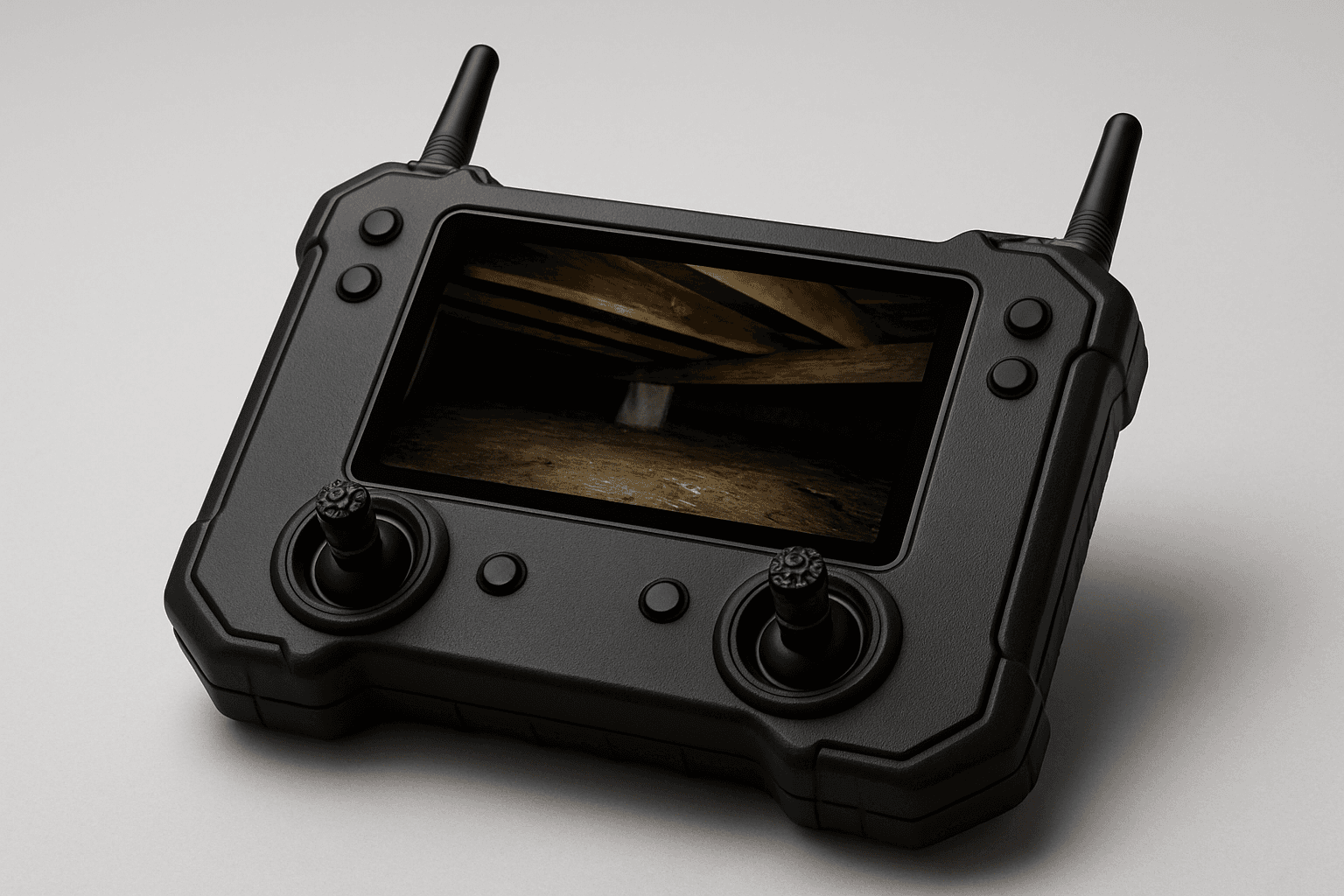 Handheld touchscreen controller showing a live camera feed from inside a crawlspace