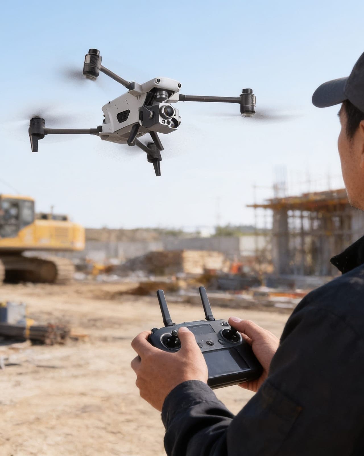 Pilot flying an inspection drone at head height over a construction site, controller in both hands.
