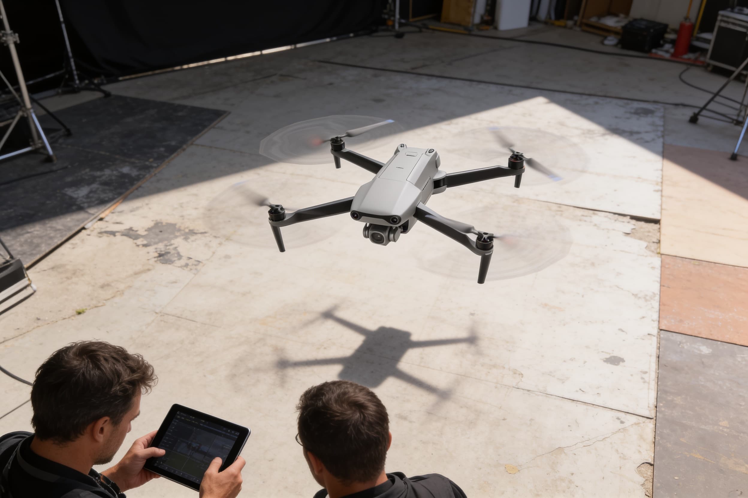 Two crew members reviewing a tablet together while an inspection drone hovers above the staging area in front of them.