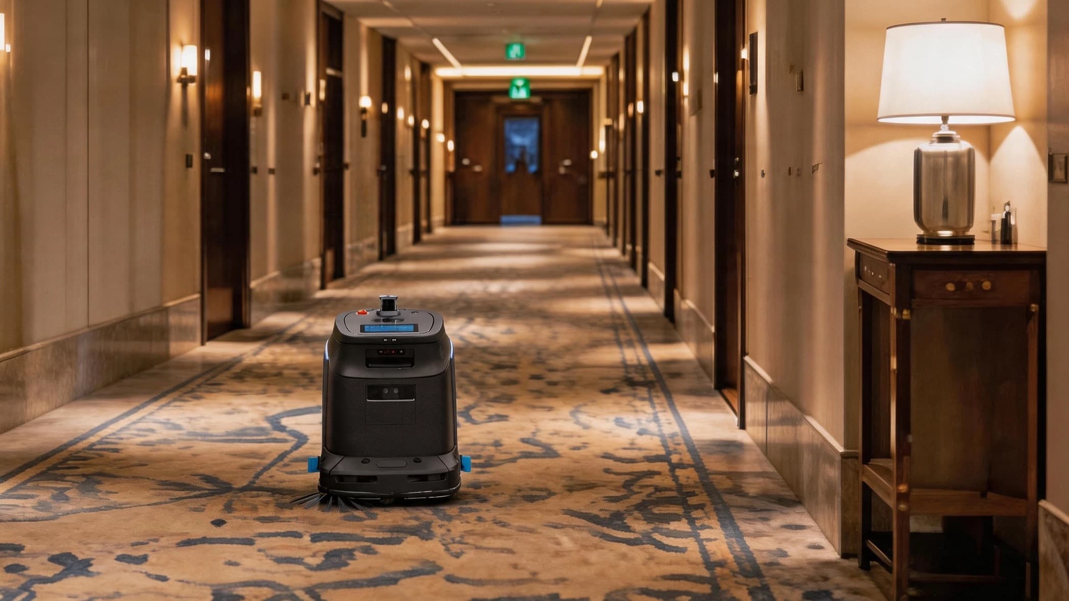 A hotel lobby with service robots navigating the floor