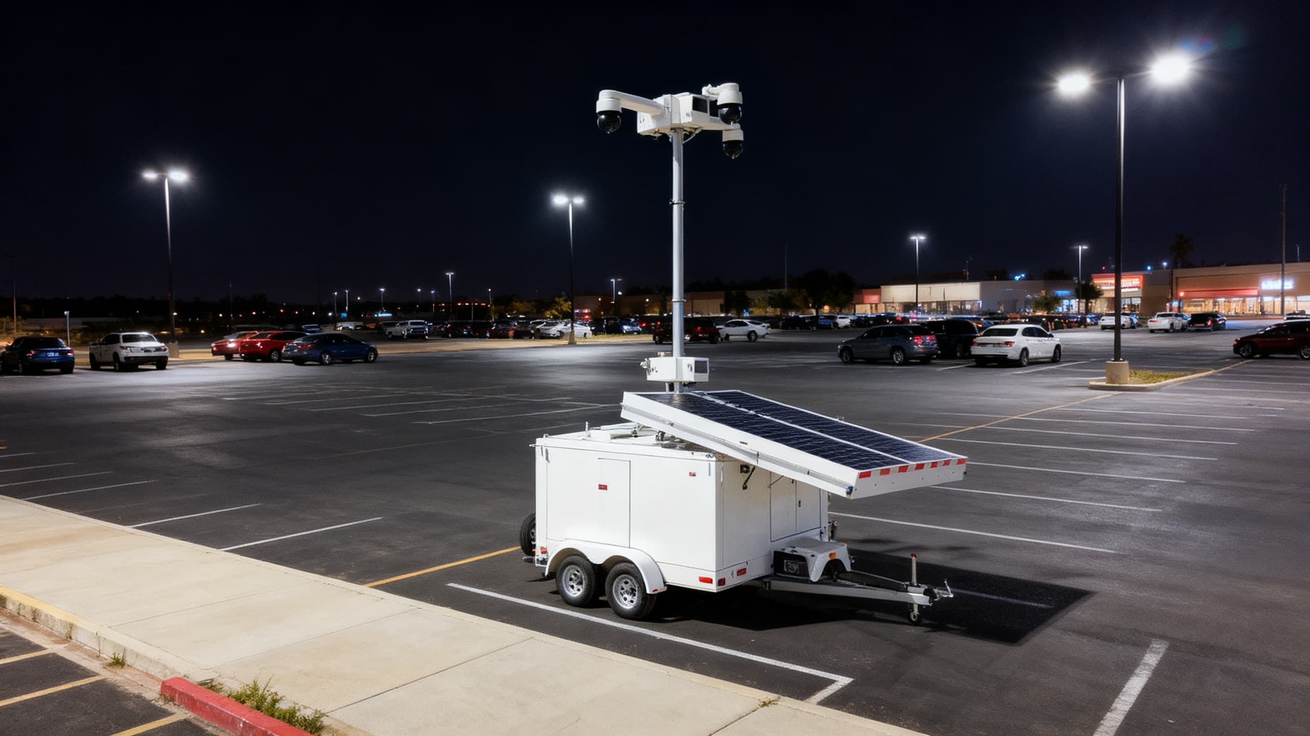 A mobile security camera trailer deployed in a parking lot at night
