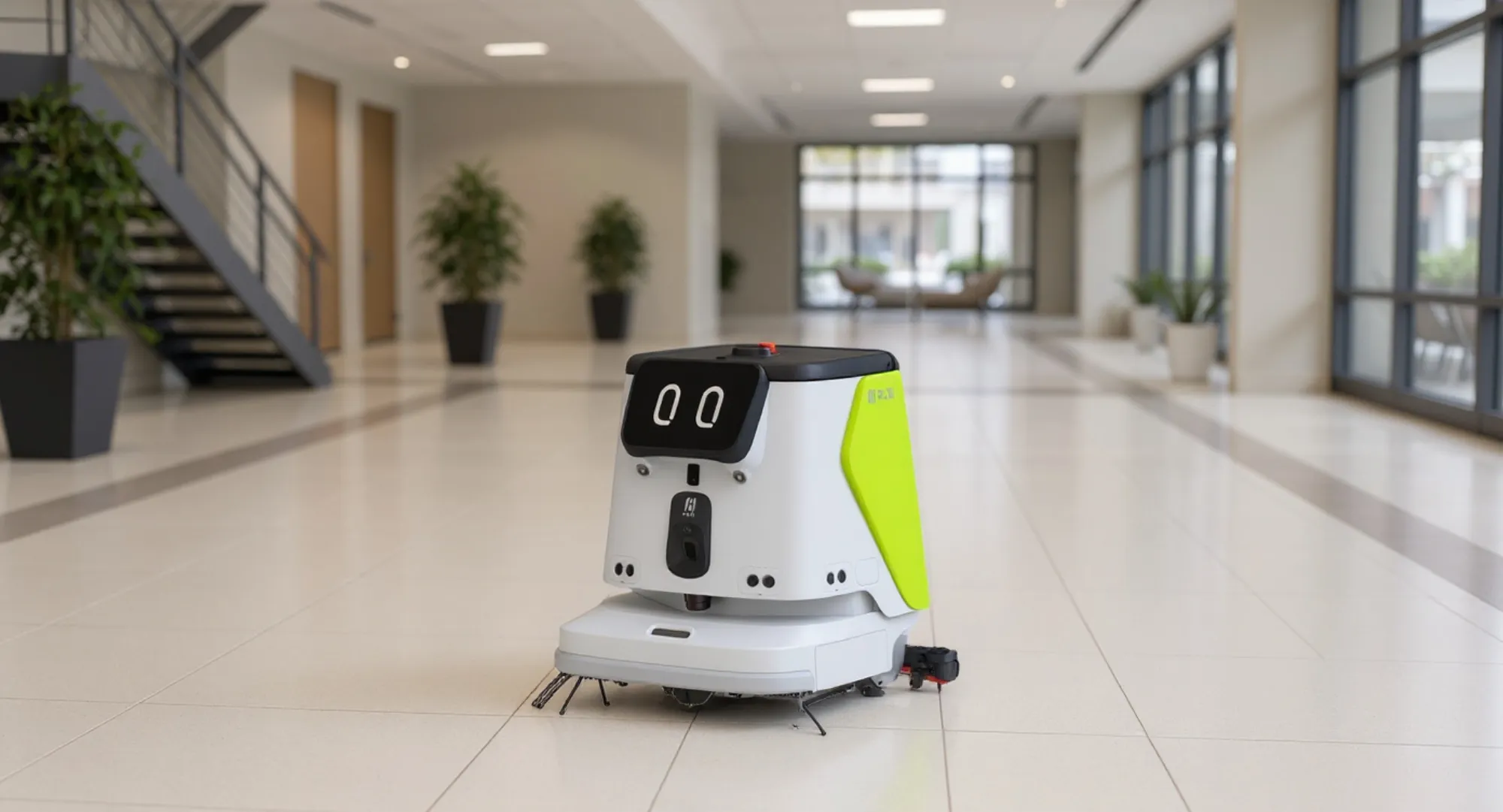 A cleaning robot on an office floor plate