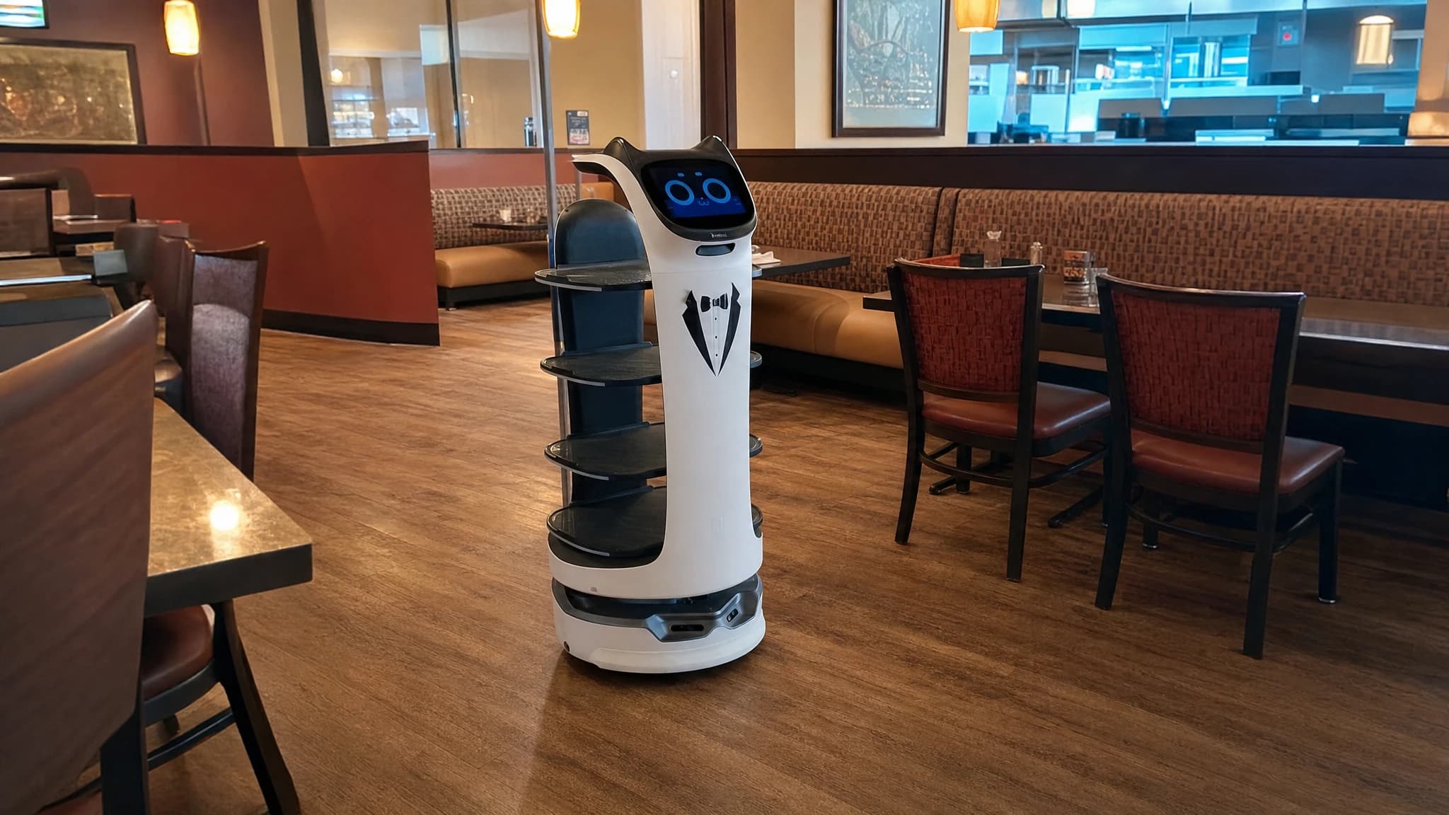 A delivery robot serving tables in a busy restaurant dining room