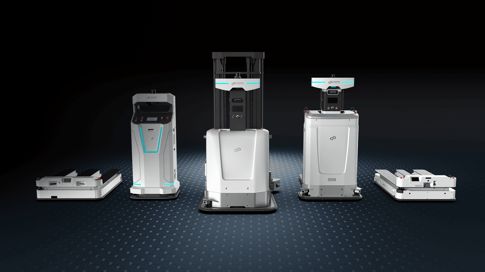 Studio lineup of autonomous forklift and mobile robots
