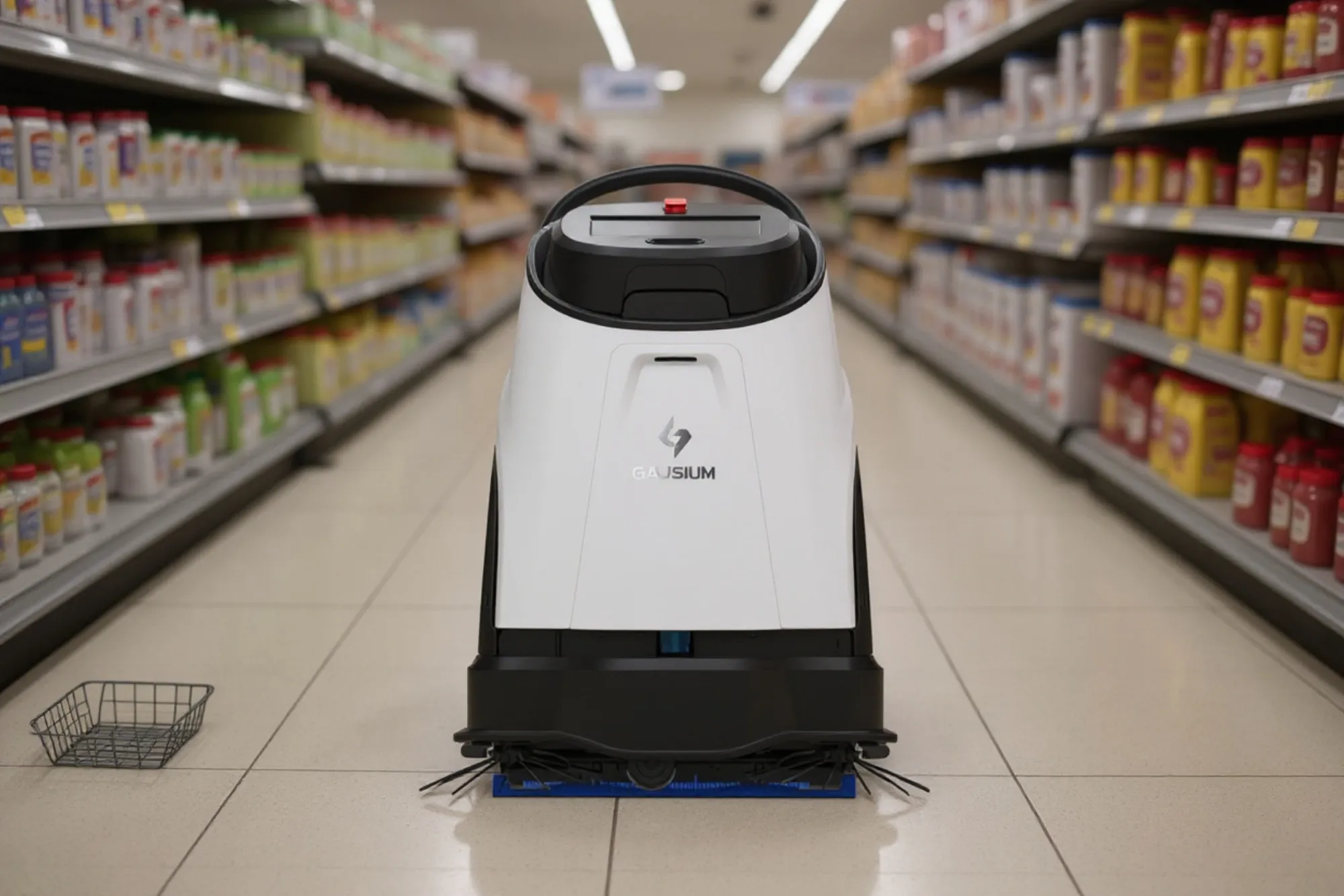 A floor scrubber cleaning a grocery aisle