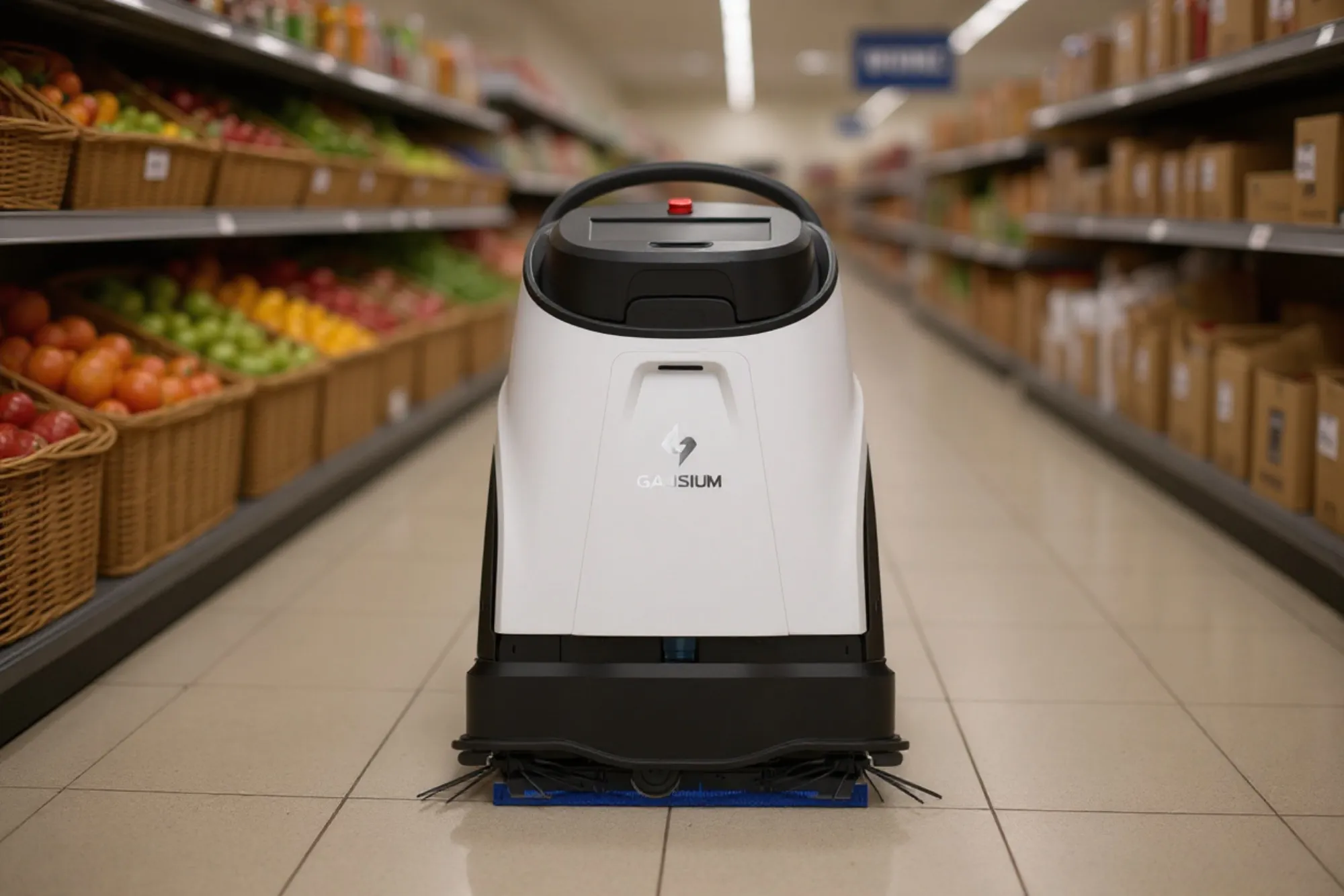 A cleaning robot working a supermarket floor