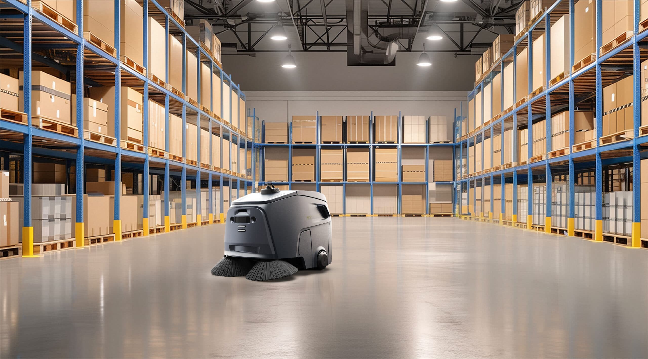 An autonomous mobile robot carrying a pallet in a warehouse aisle