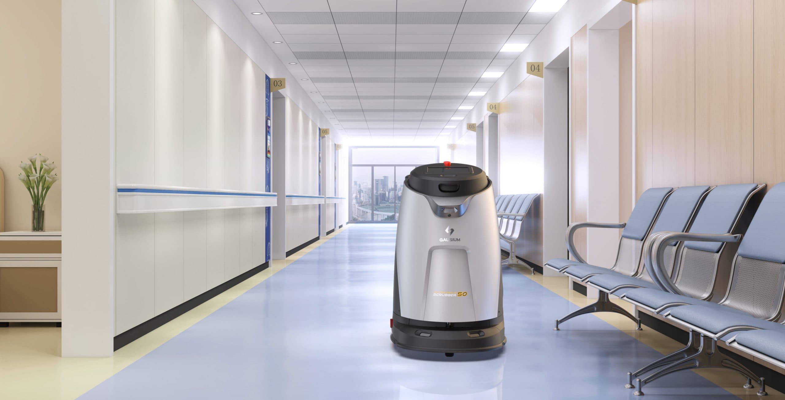 A Gausium robot in a hospital corridor