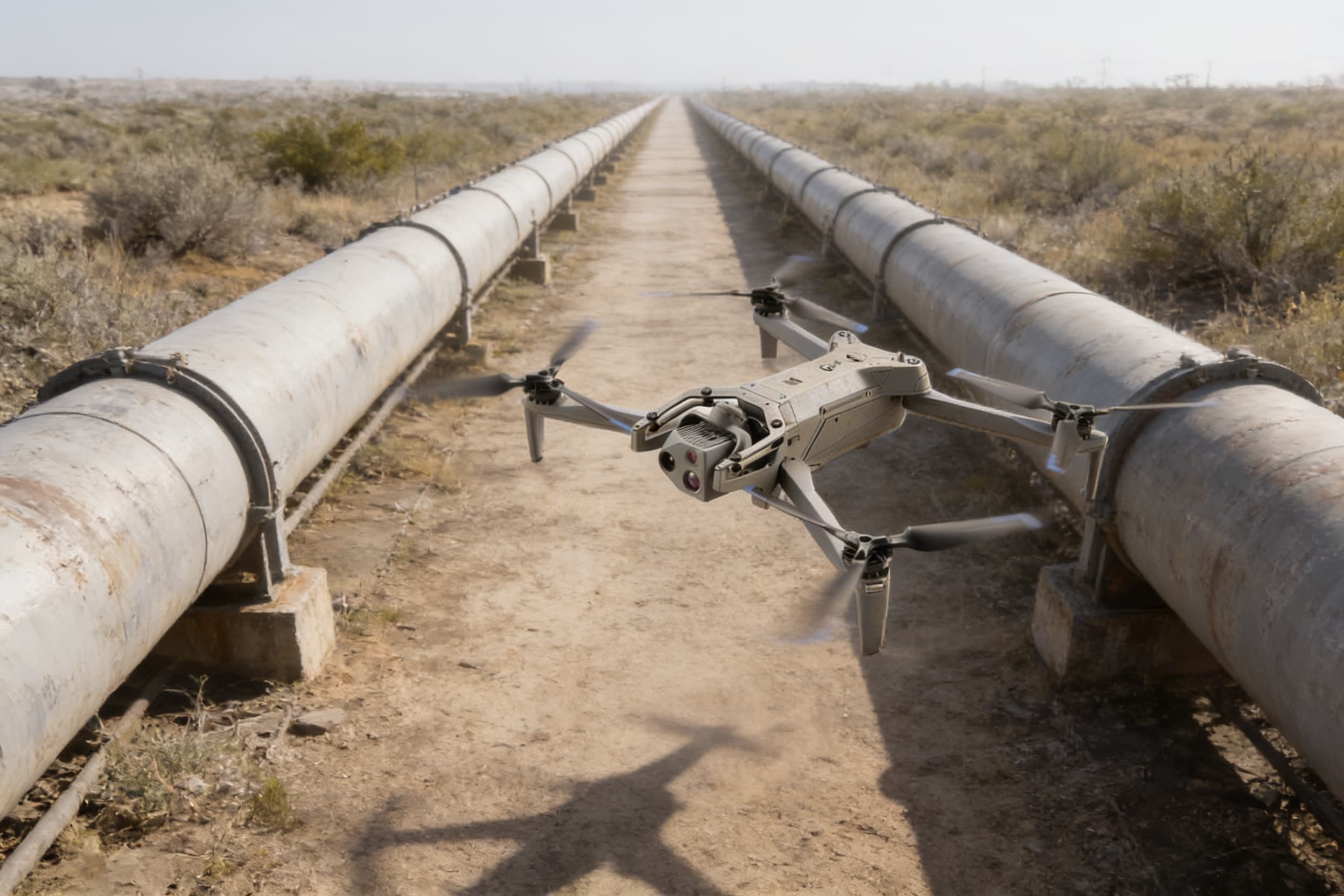 A patrol drone tracking a pipeline corridor across open scrubland