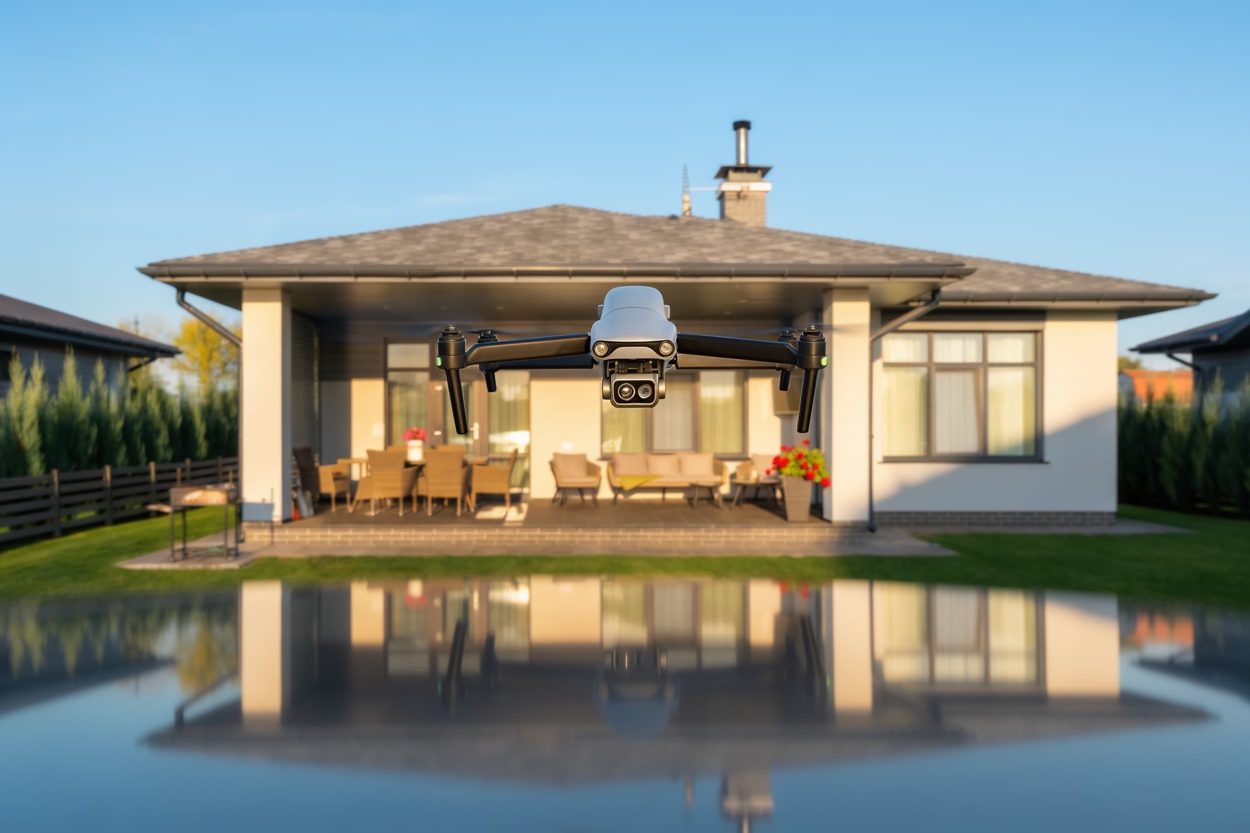 An inspection drone hovering at eye level over a lawn