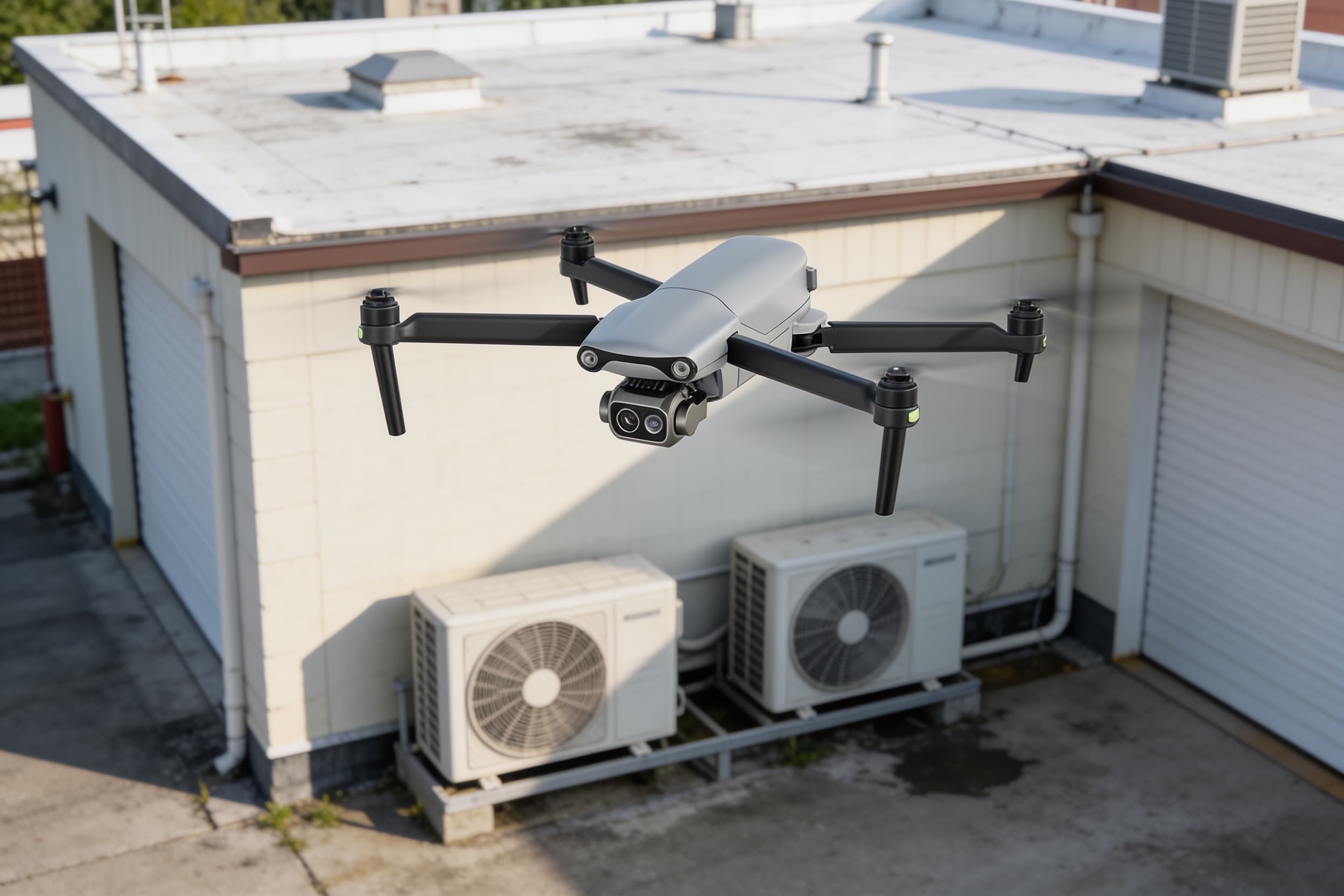 Drone checking a rooftop's HVAC units