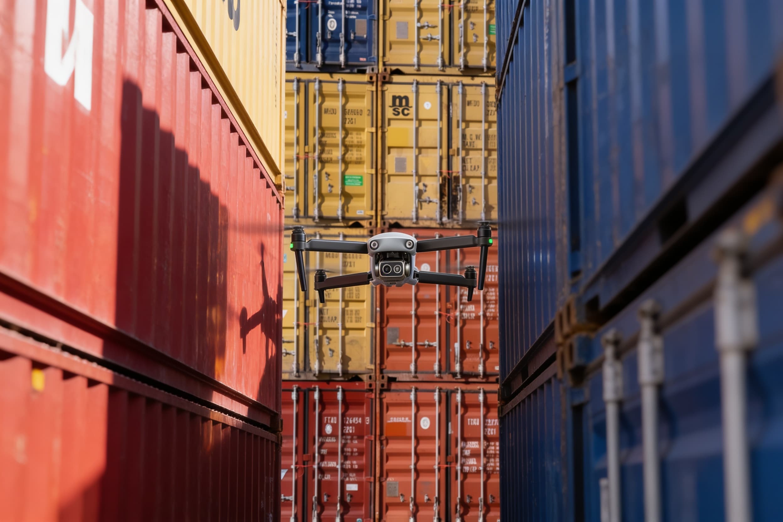 Drone gliding between port container stacks