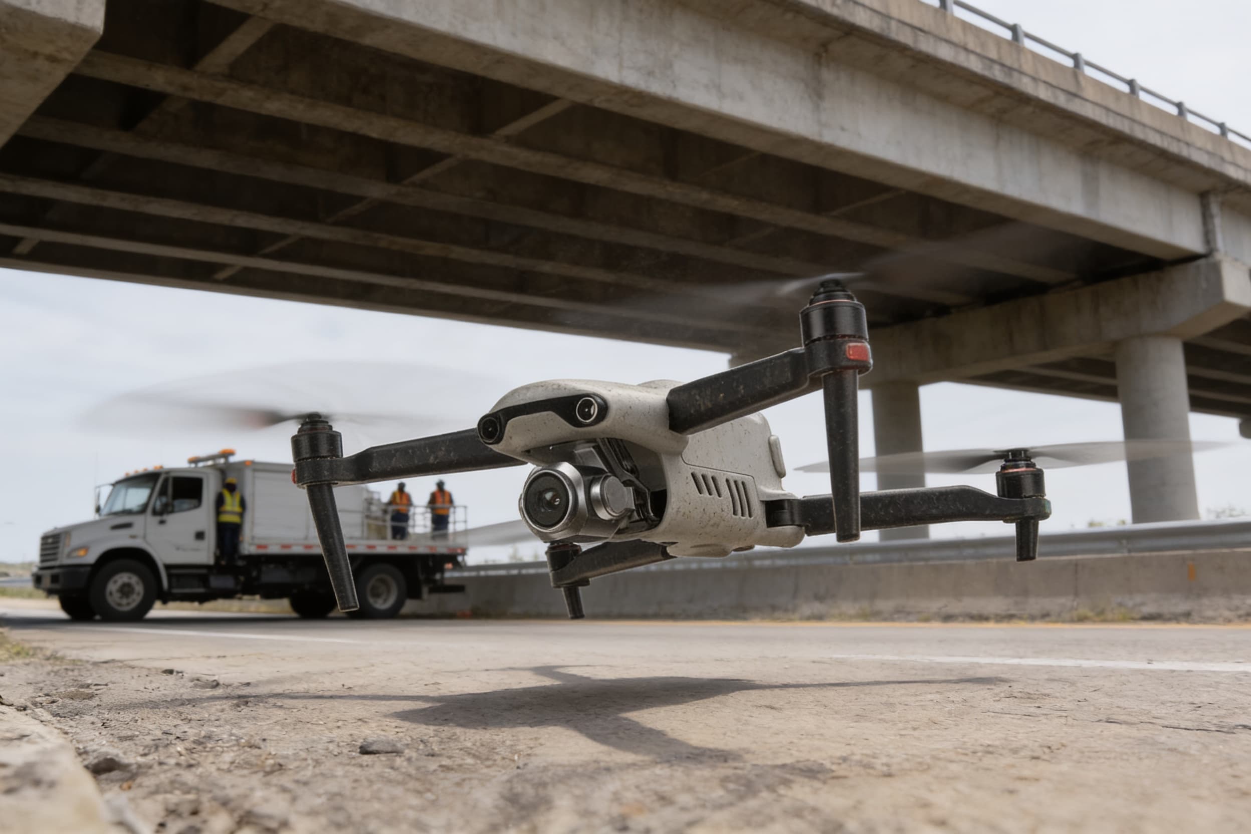 Inspection drone under a highway overpass