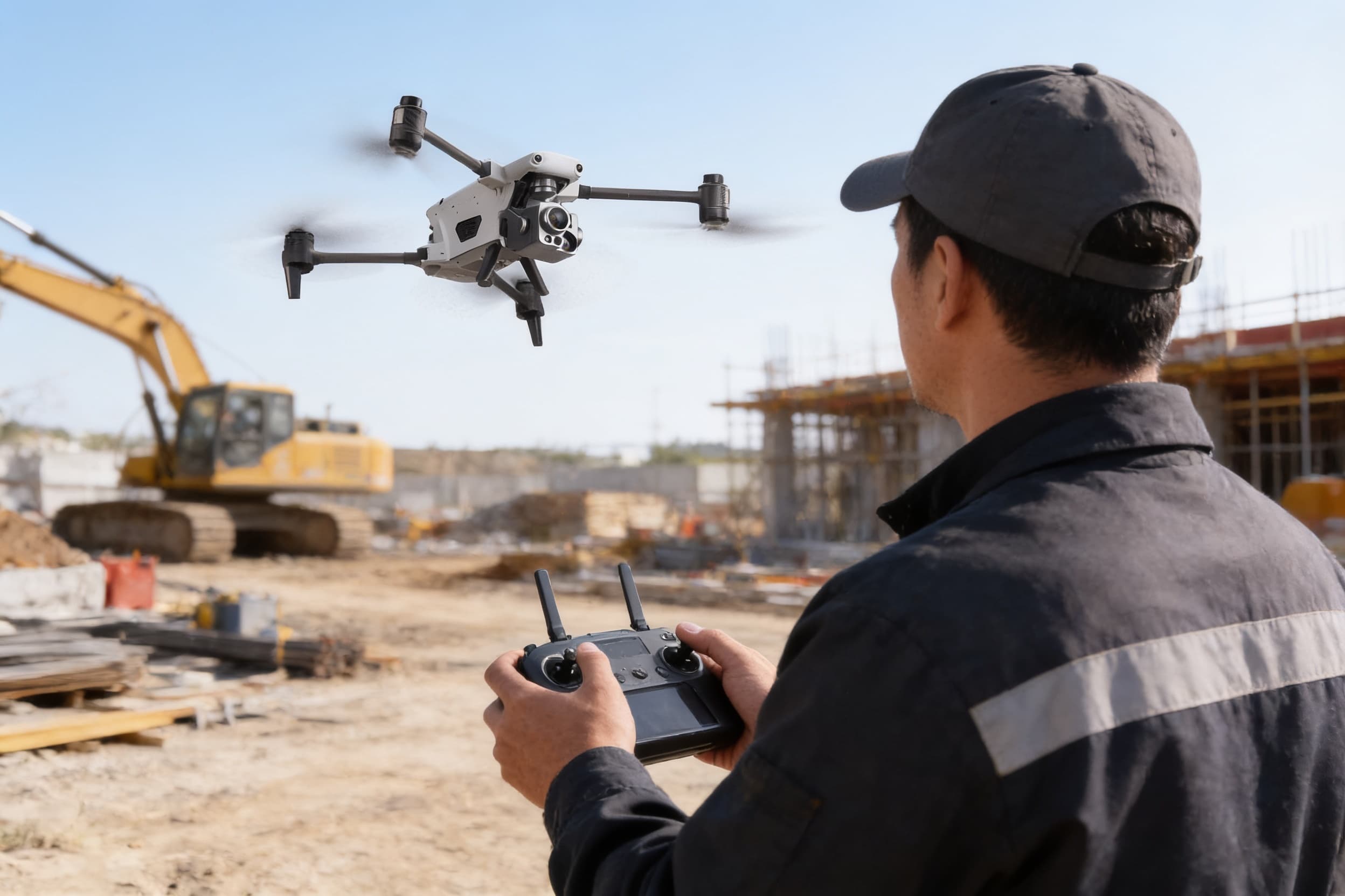 Pilot flying an inspection drone at a construction site