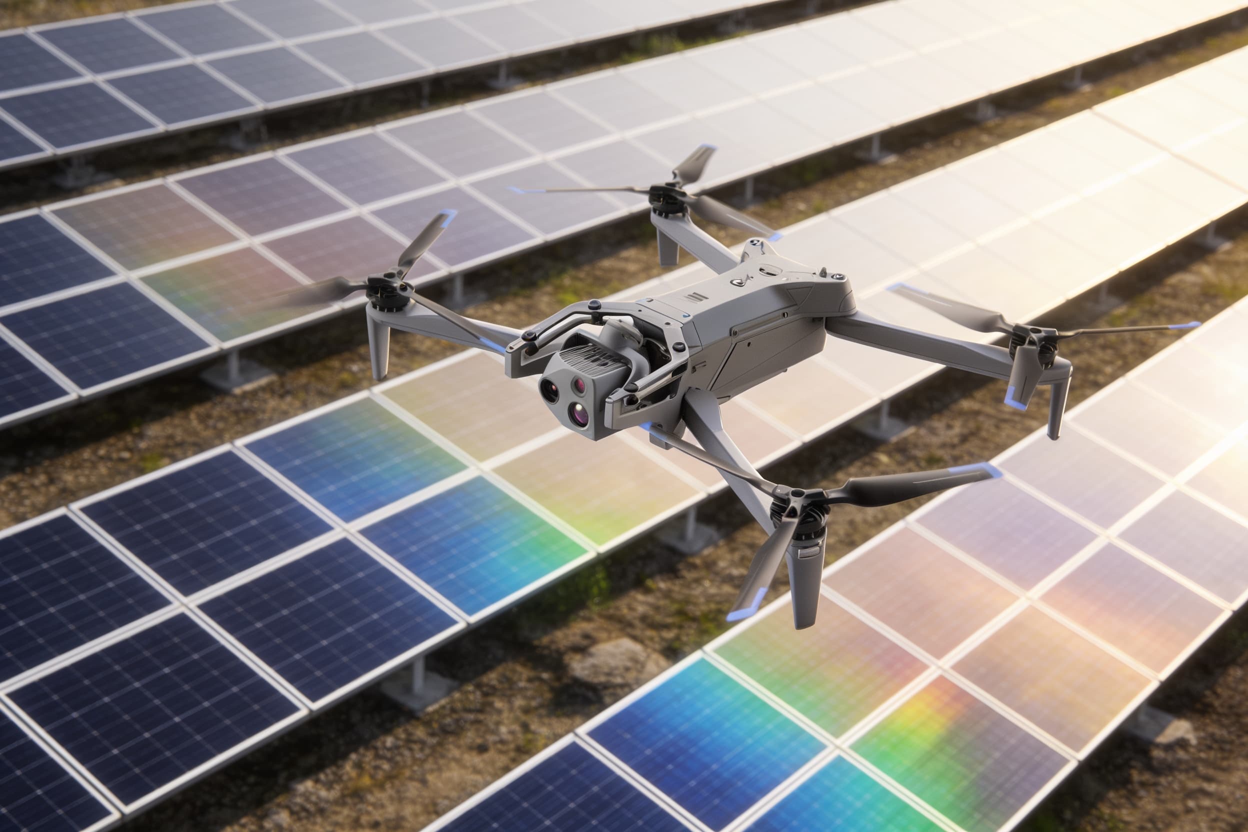 A drone scanning ground-mount solar rows