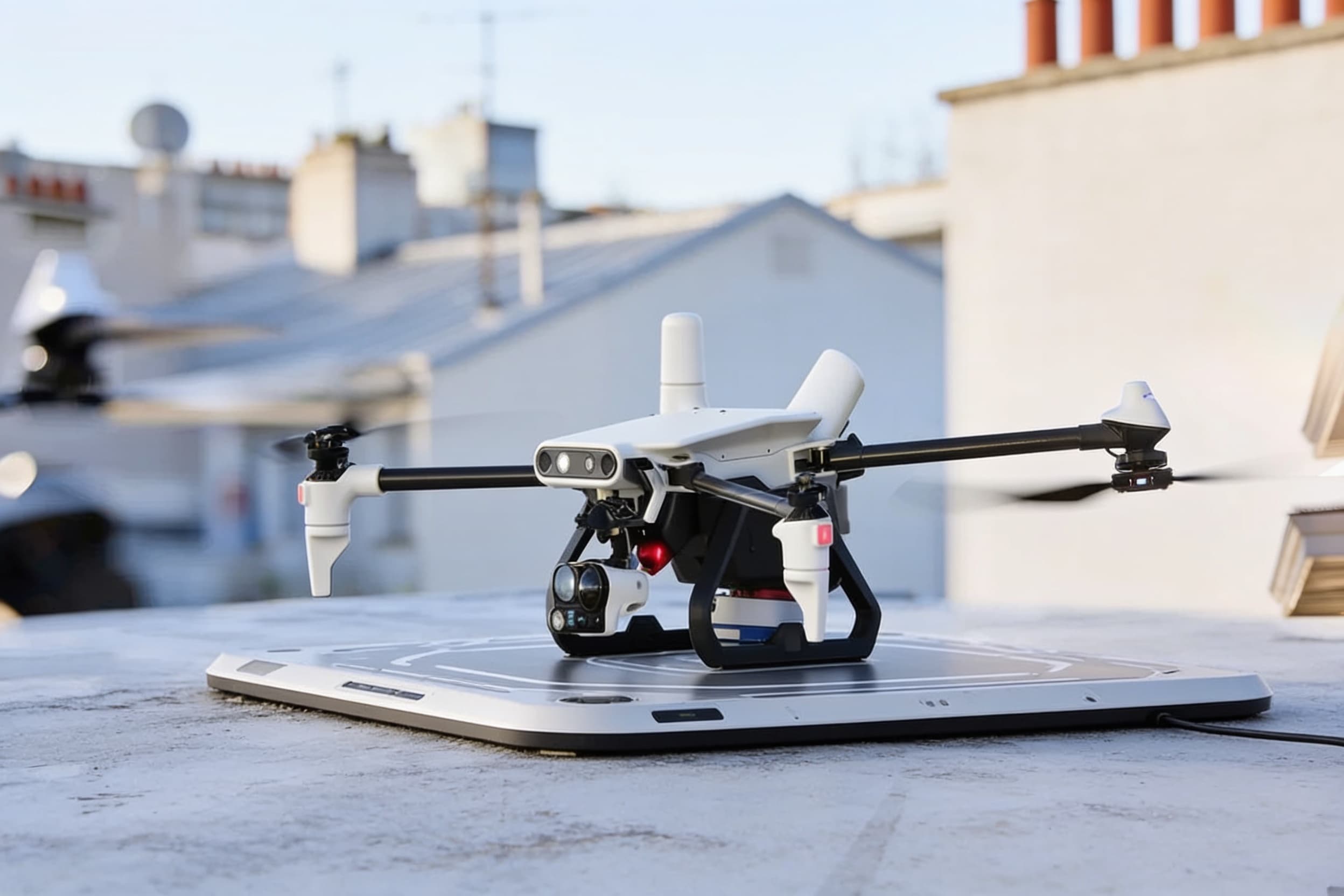 Response drone on its rooftop charging pad