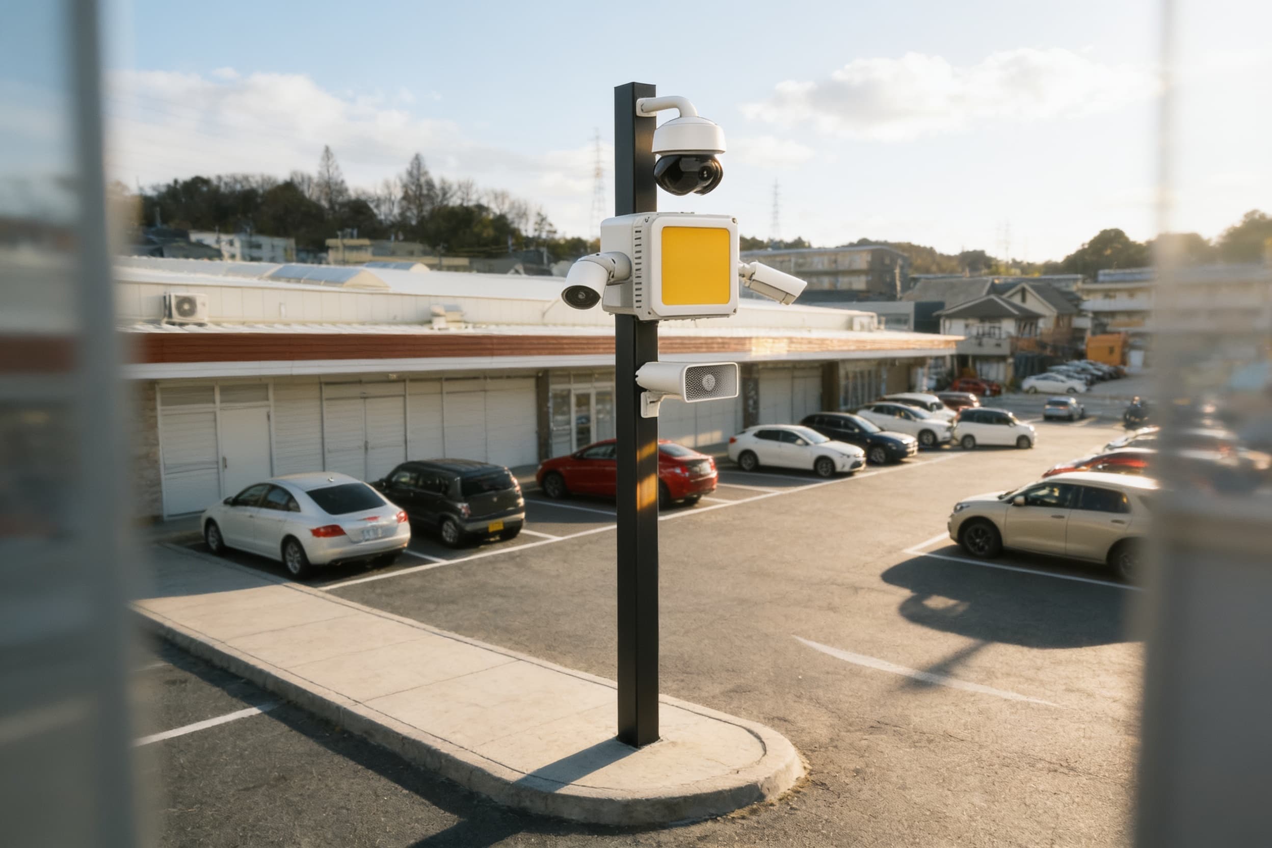 Pole surveillance unit at a retail lot corner