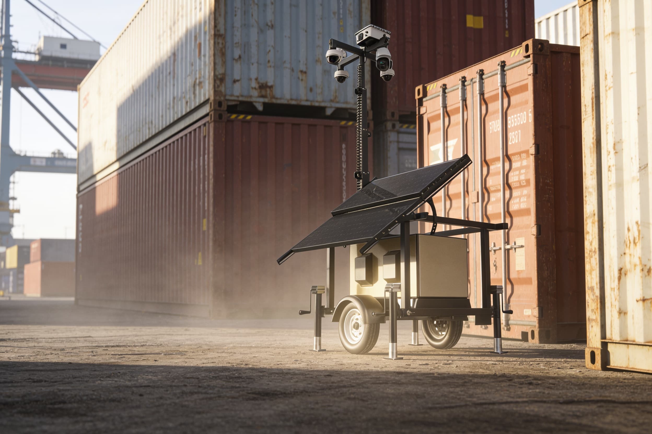 Solar surveillance trailer in a port container yard