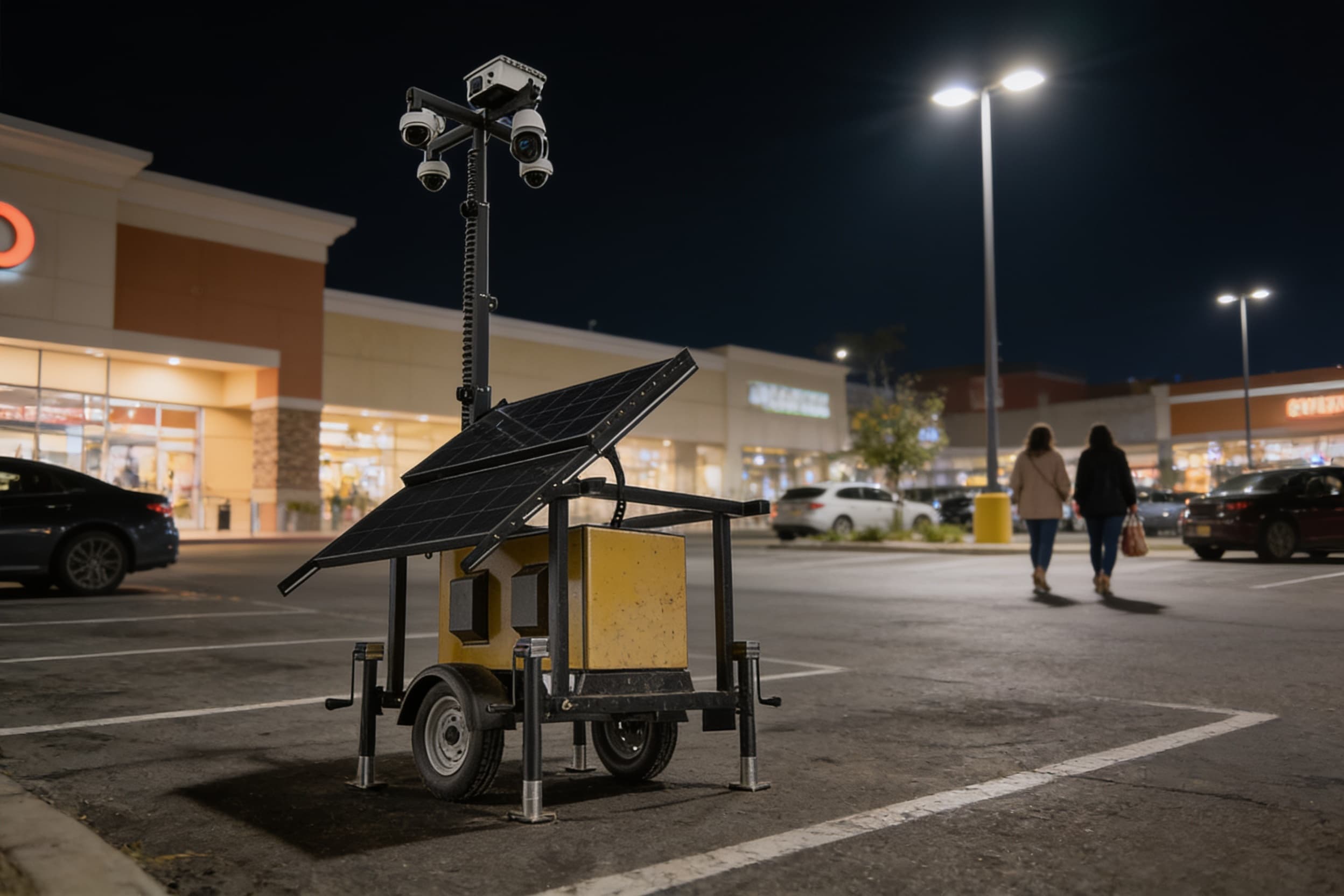 Solar surveillance trailer monitoring a parking lot at night