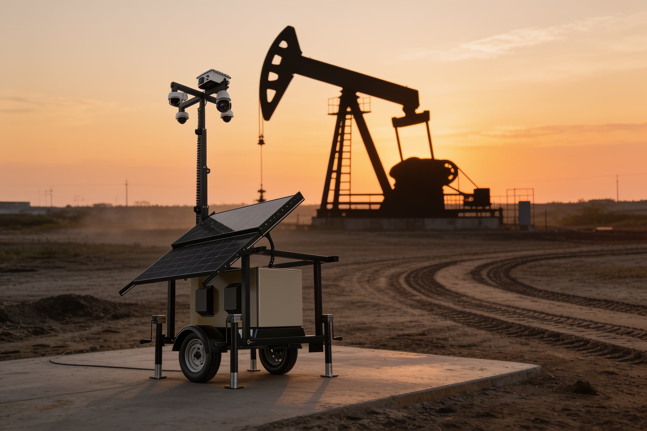 Solar surveillance unit on an energy pad at sunset