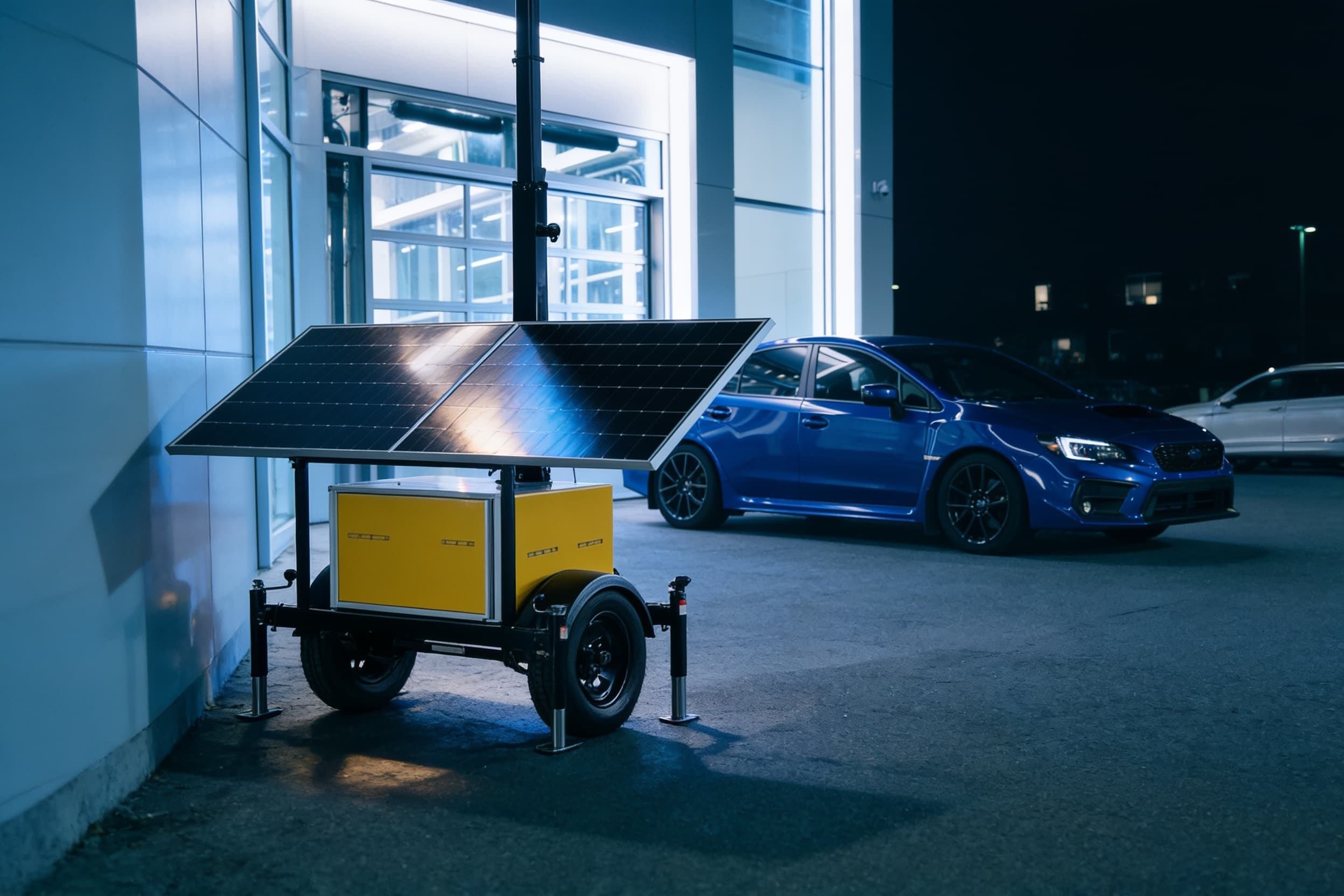 A solar-powered security camera unit at the edge of an evening parking lot