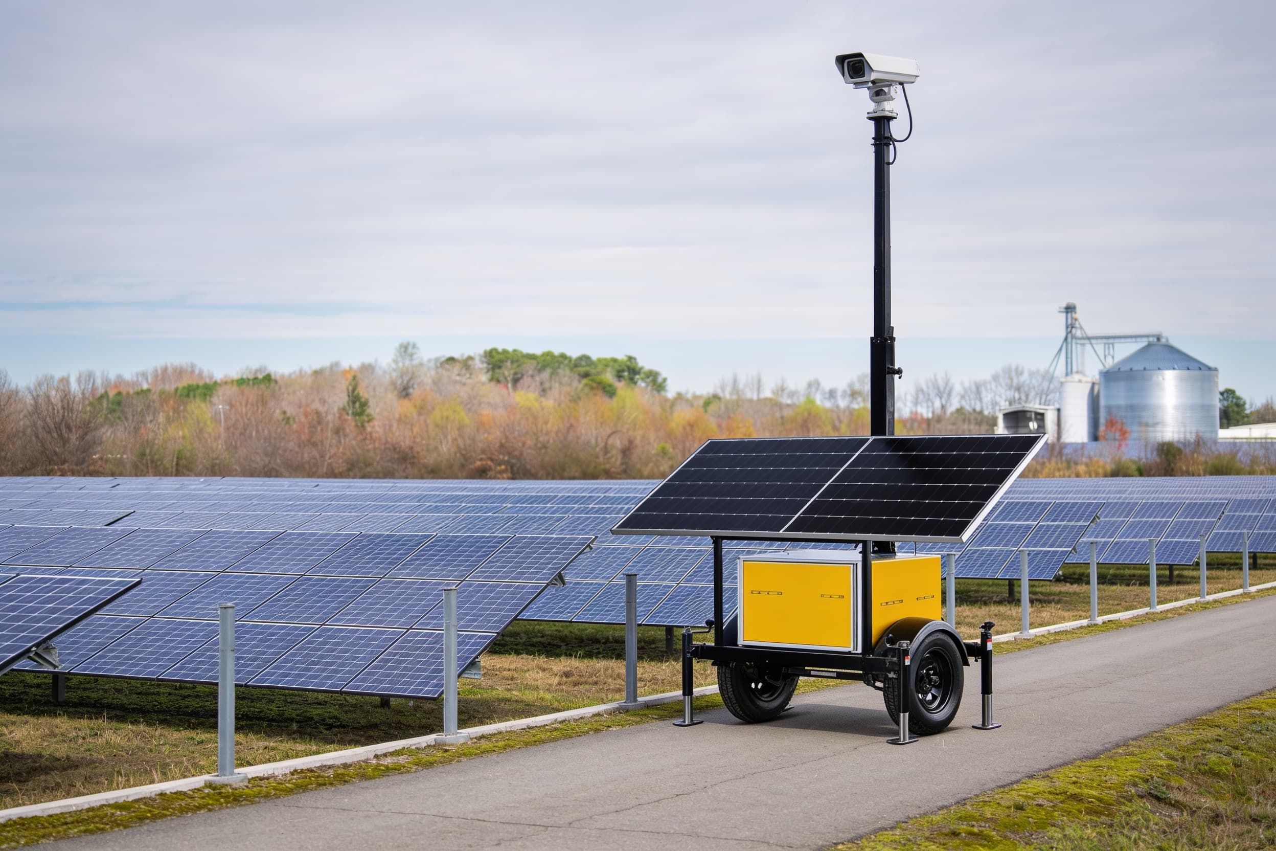 Surveillance unit beside a solar-farm access road