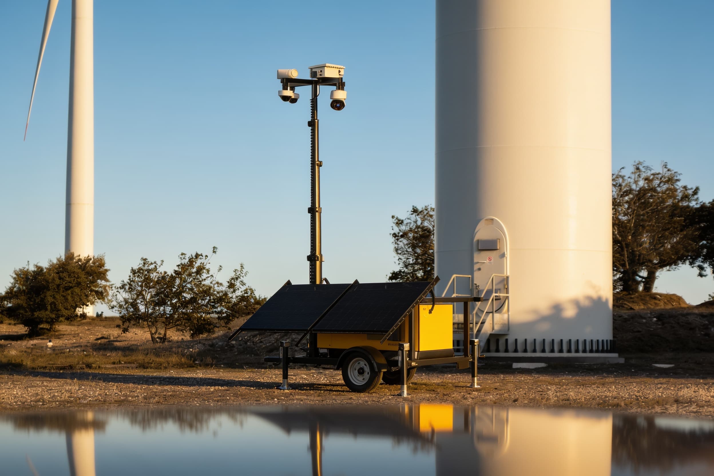 A mobile surveillance trailer at the wind-farm base