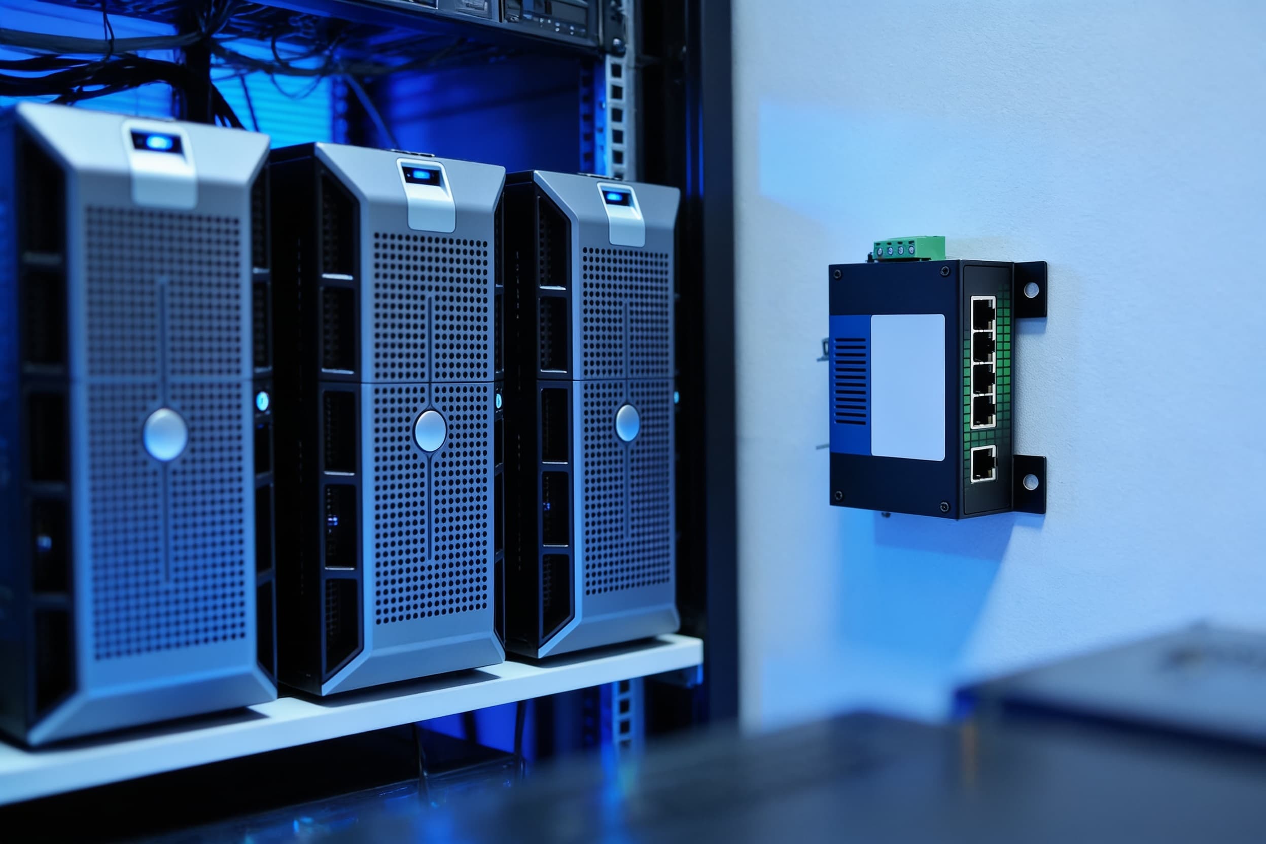 Battery-safety sensor on a server-room wall beside backup-battery racks