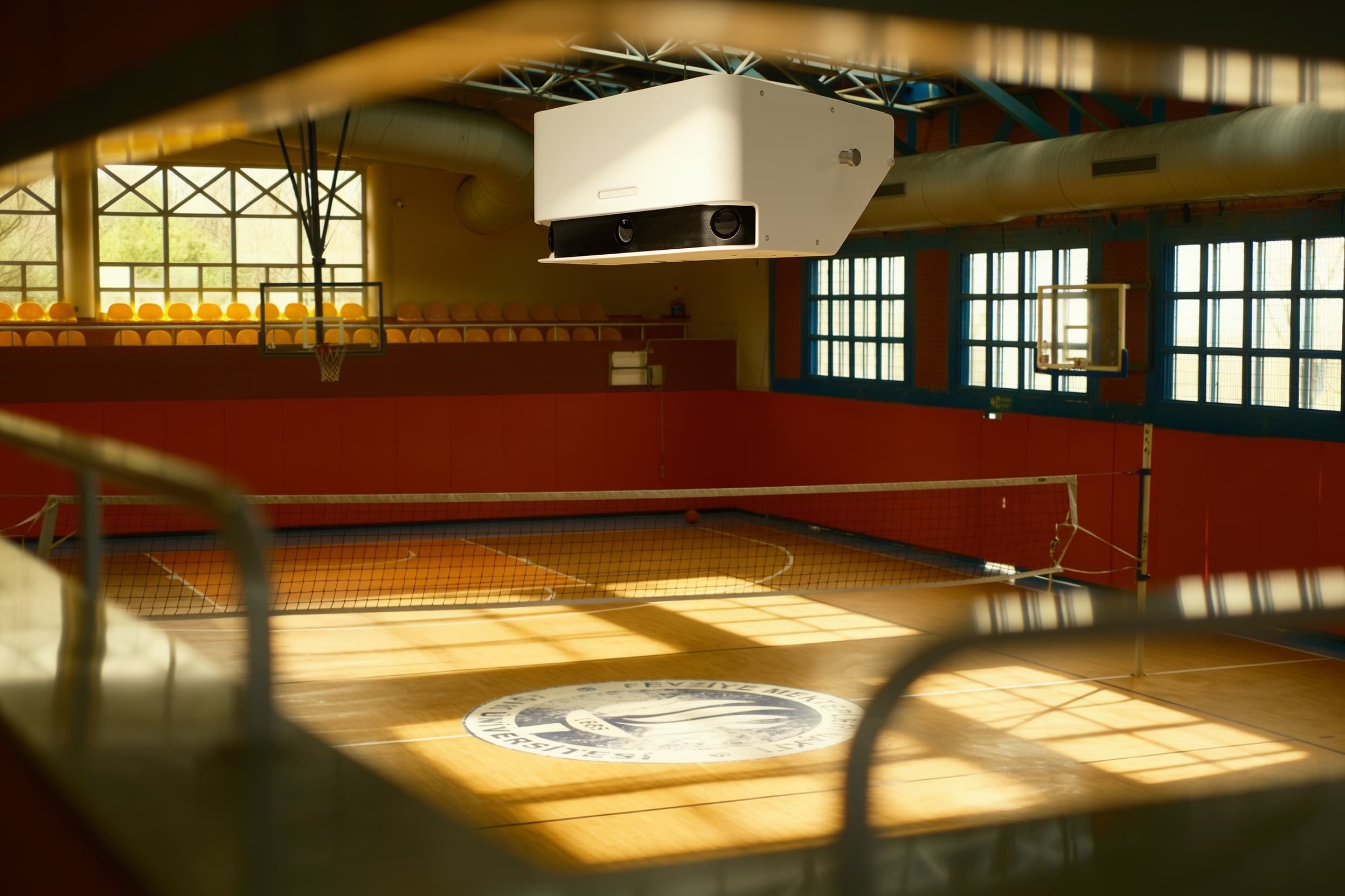 Sports camera suspended above a volleyball court