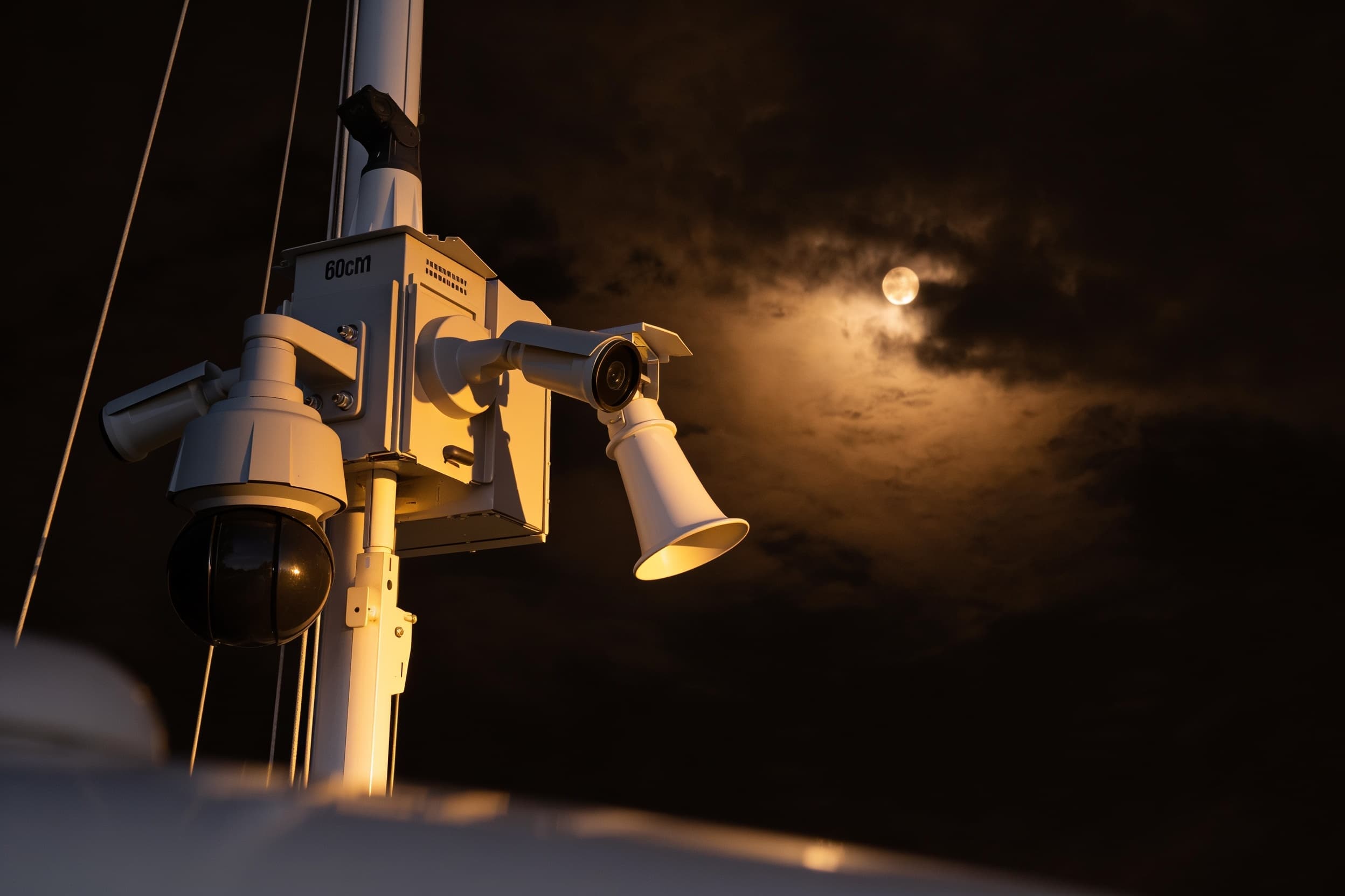 A security camera atop the mast at night