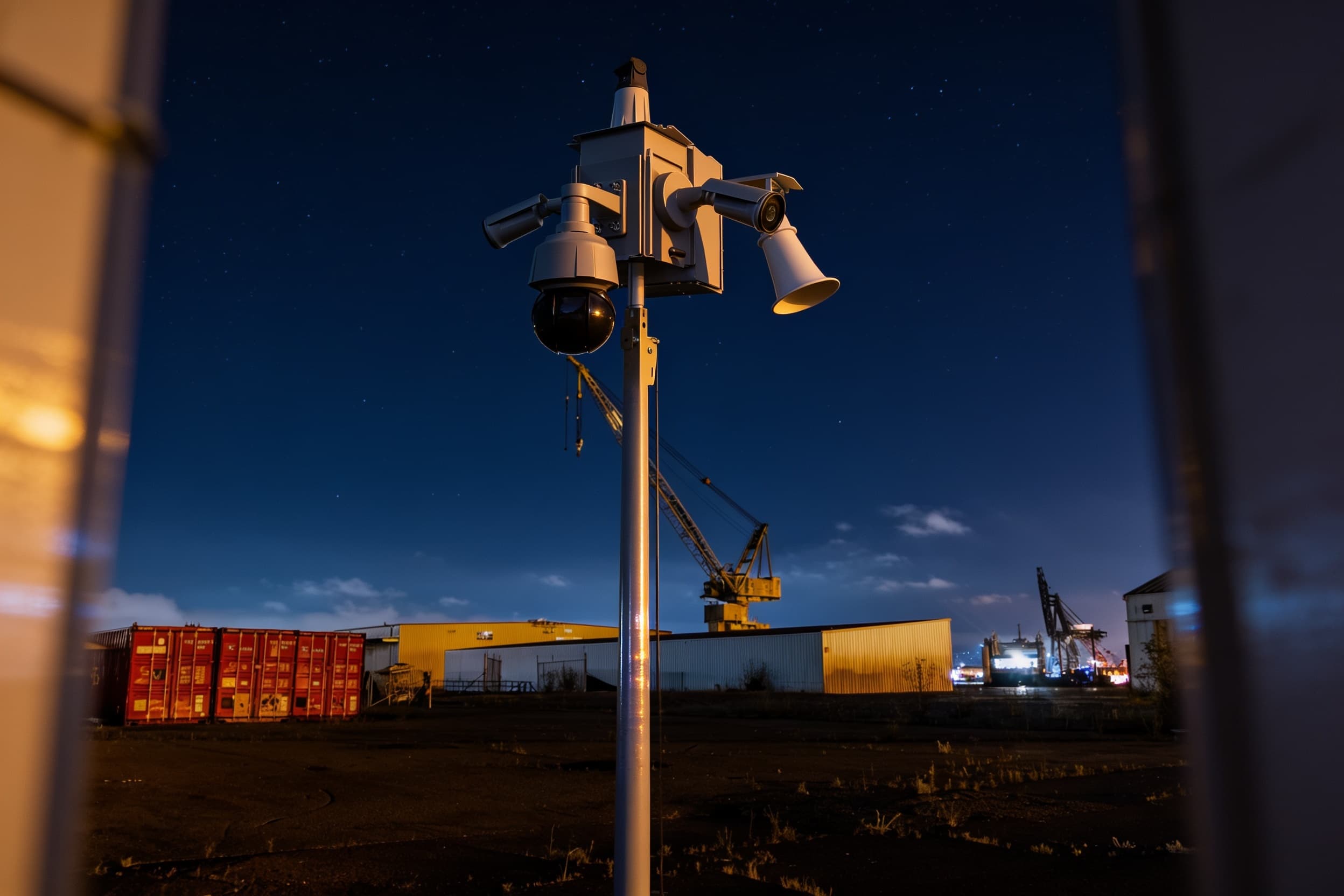 A mast-mounted thermal camera over a dark site at night