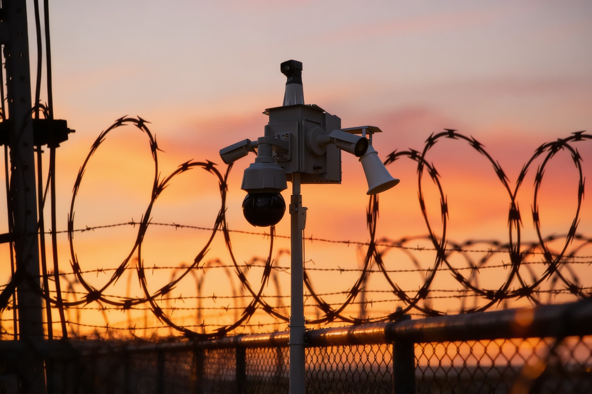 Thermal camera along the perimeter fence line at dusk