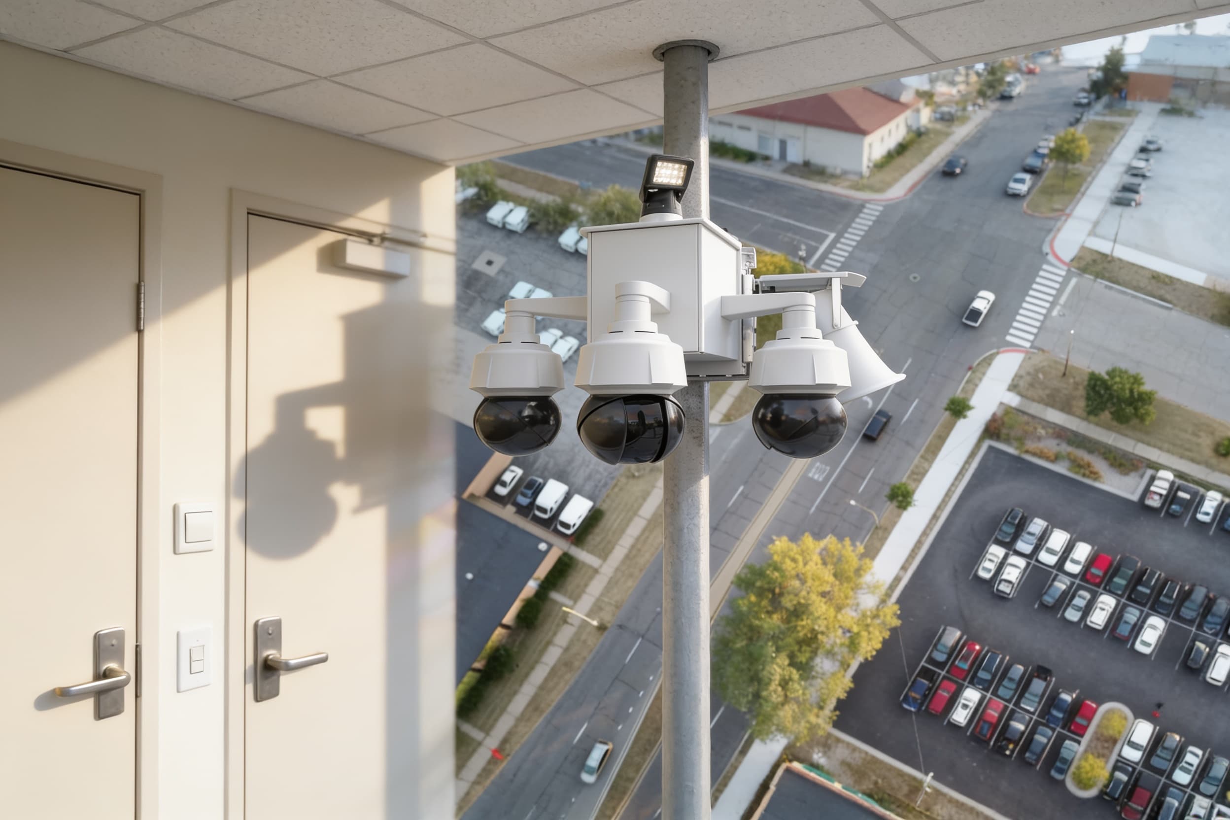 A security camera on the lot pole above the parking
