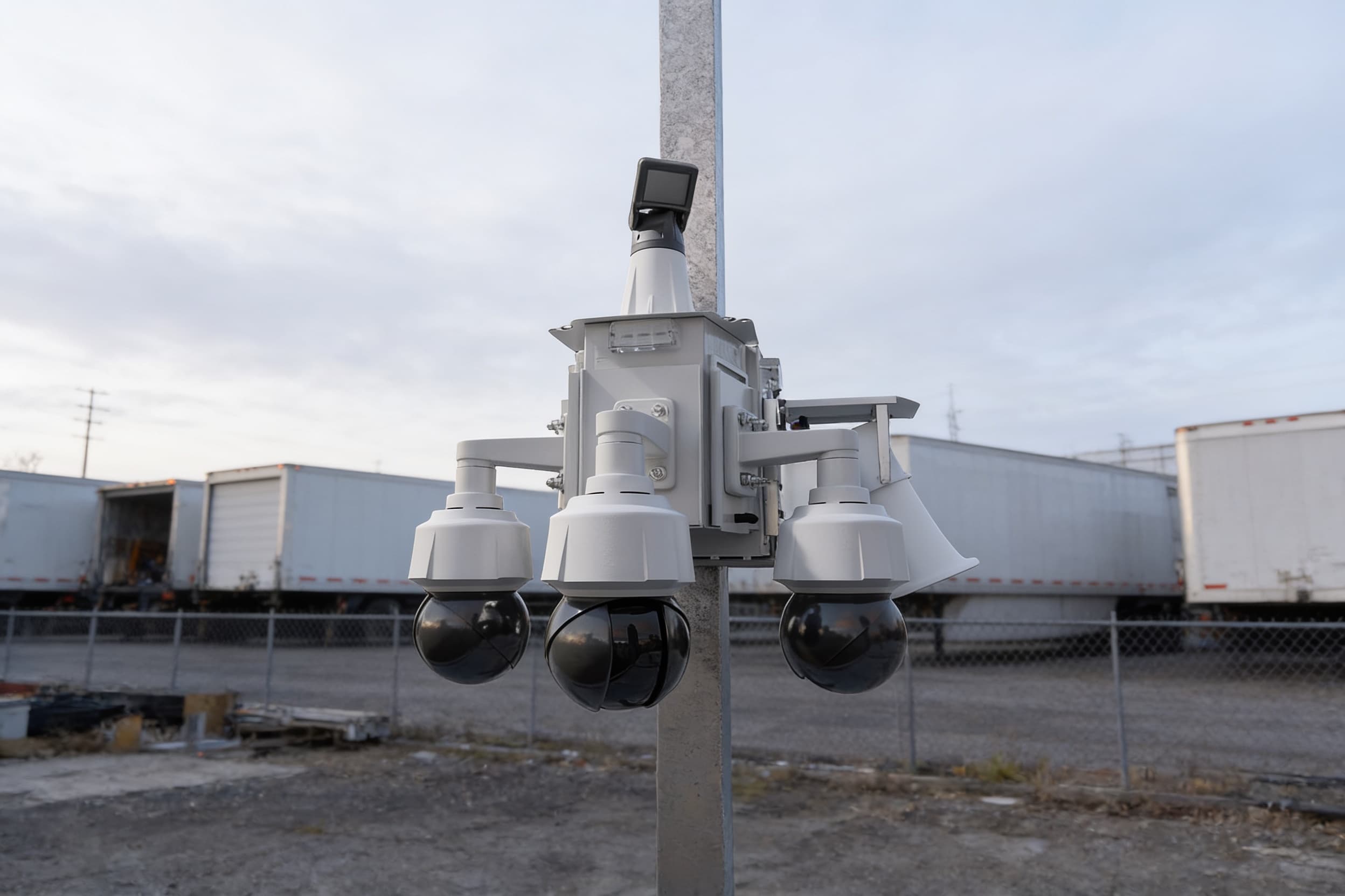 A pole-mounted camera unit over a distribution yard of trailers
