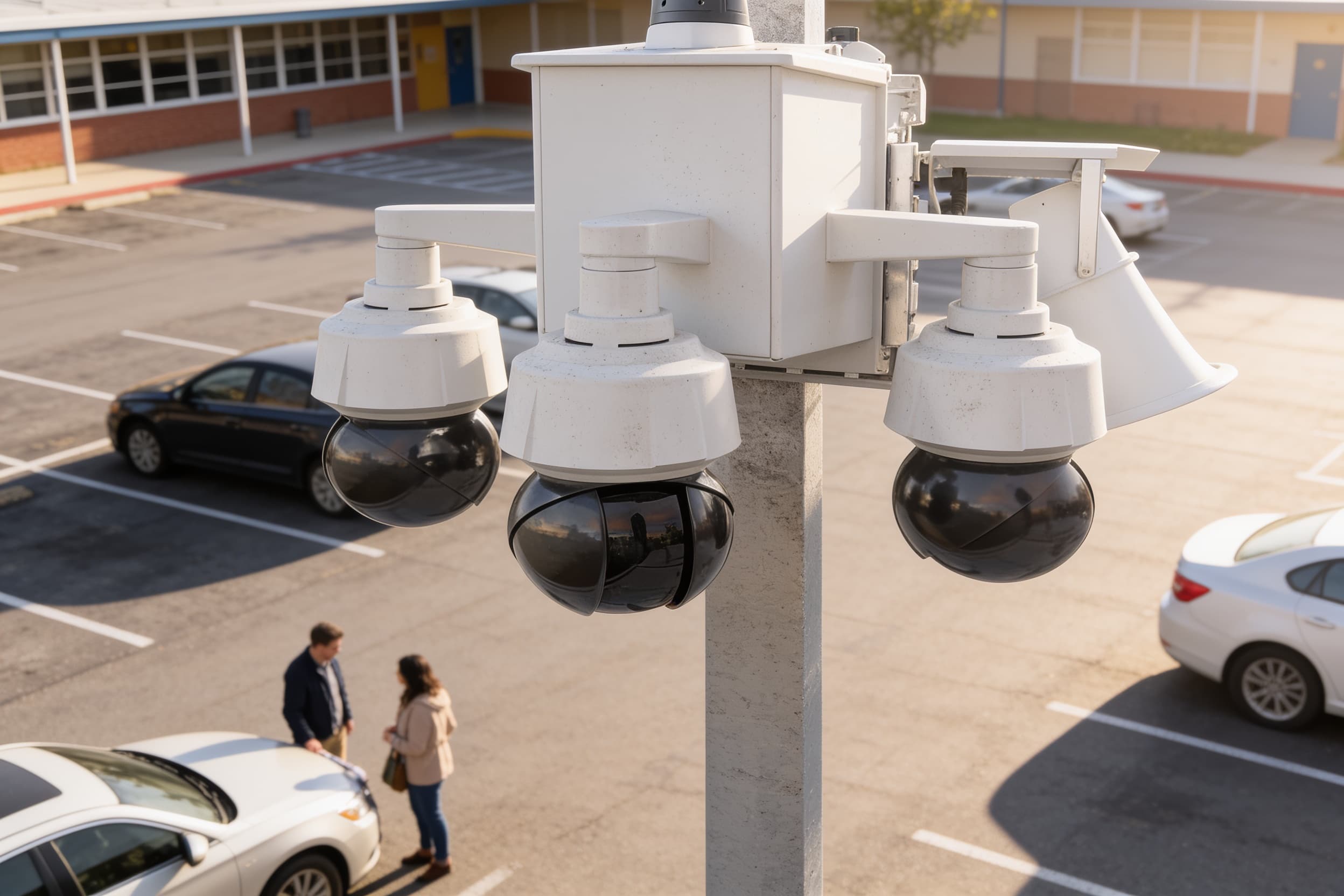 Pole-mounted security camera overlooking a public parking lot