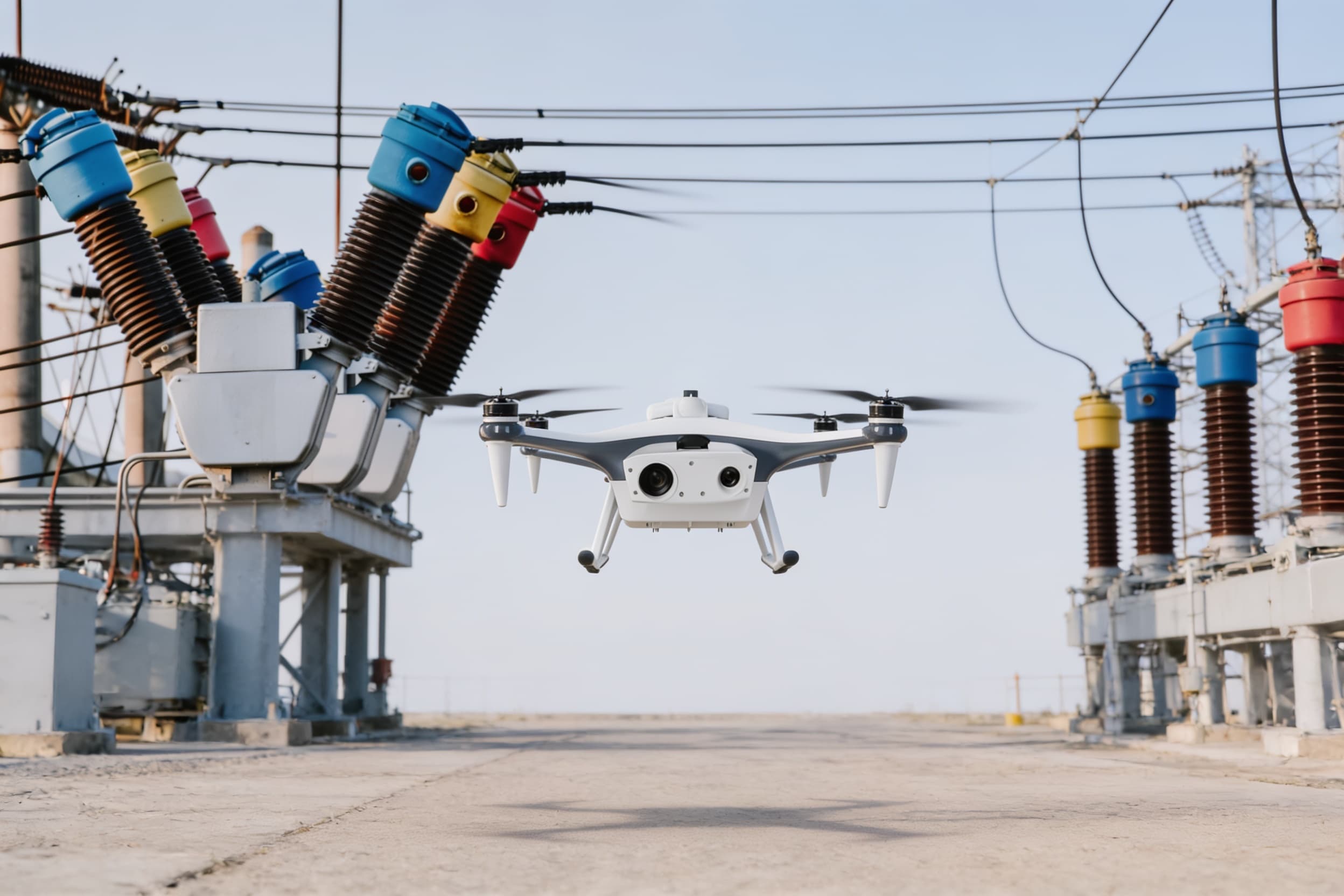 Percepto Air Max industrial inspection quadcopter service robot — hovering at mid-height over the substation on an autonomous inspection pass, faint shadow on the ground below, gentle rotor motion blur