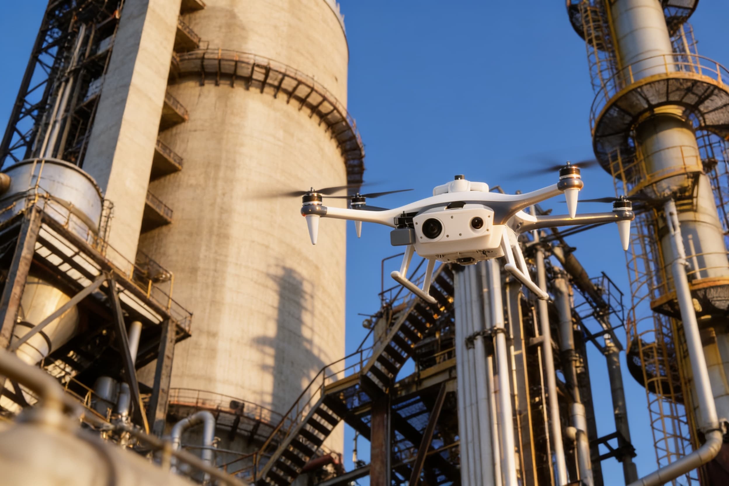 Autonomous inspection drone hovering beside a refinery structure
