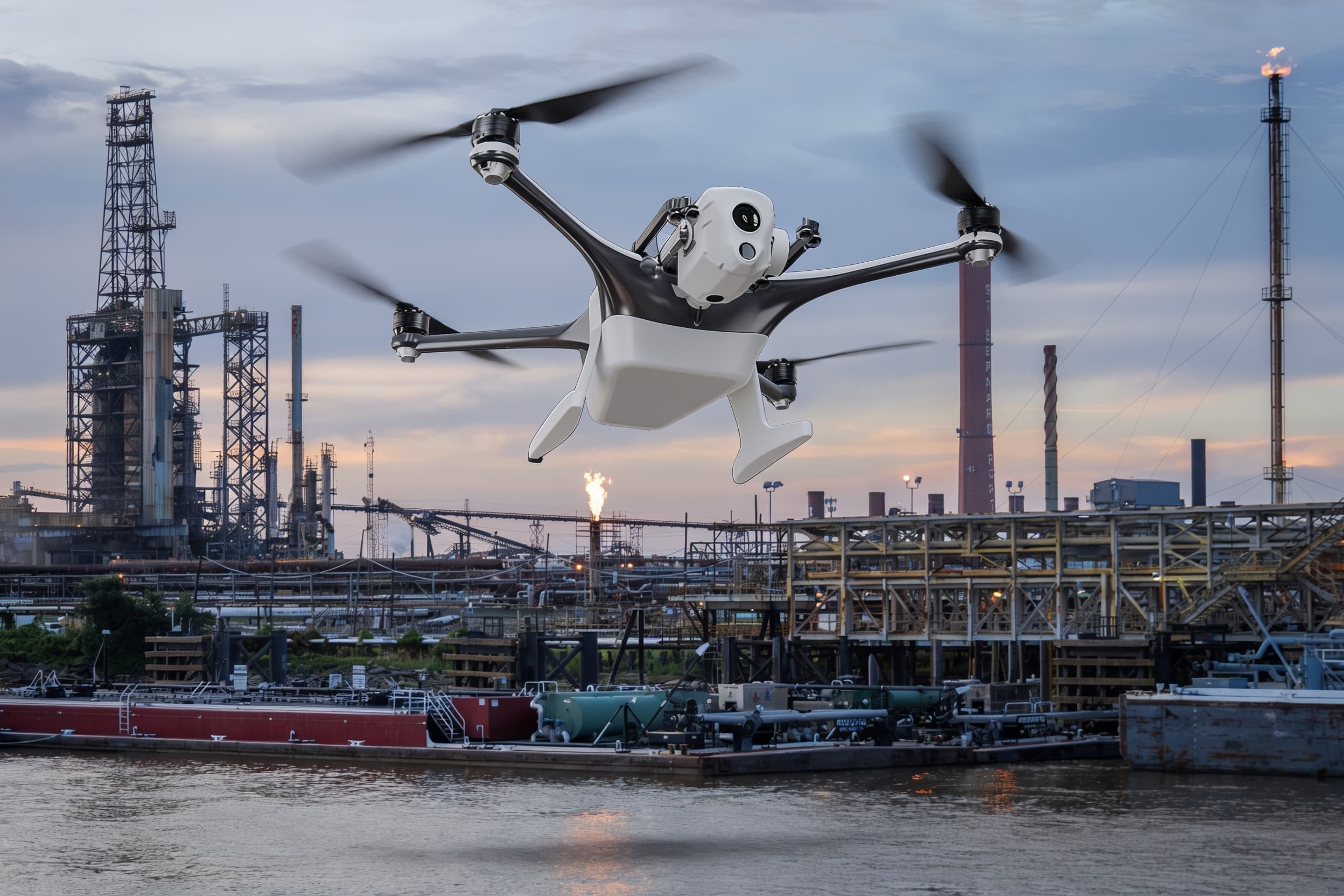 Drone hovering over a gas plant on a leak-detection pass