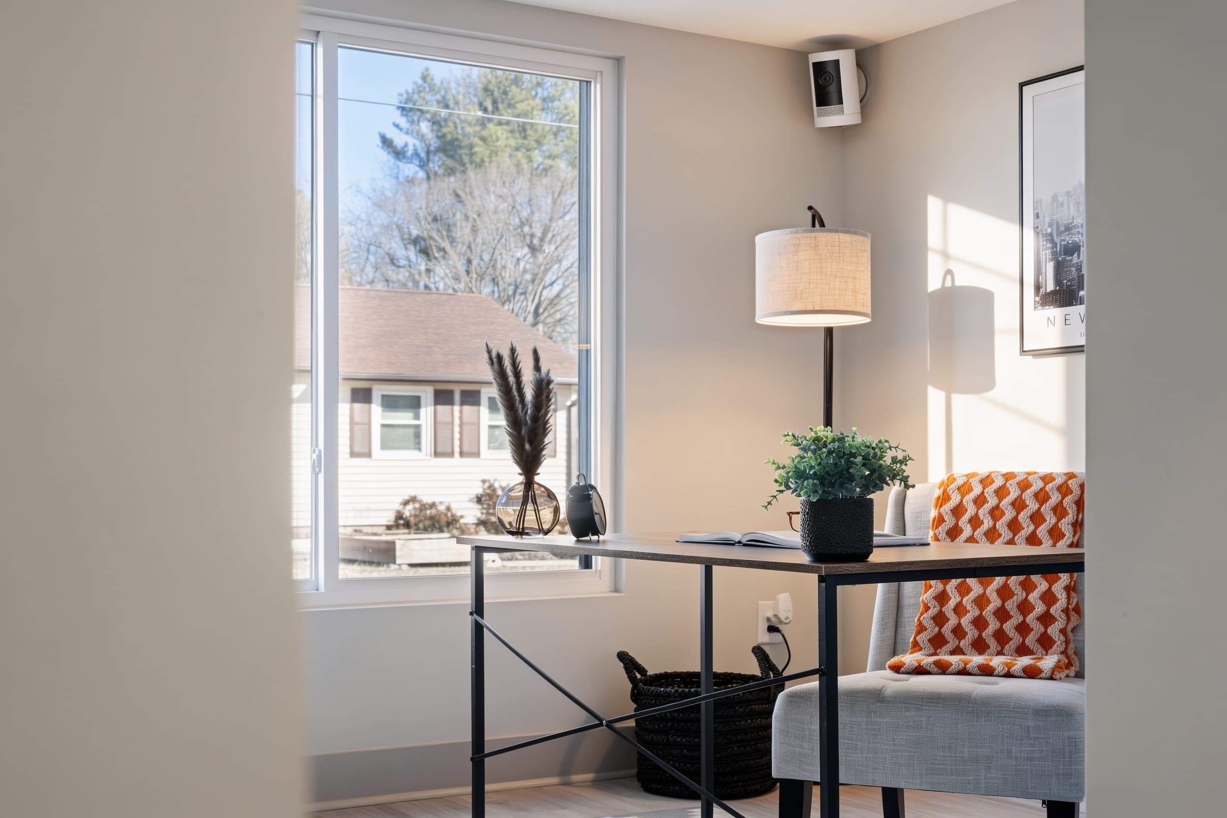 A security camera wall-mounted high in the corner overlooking the room