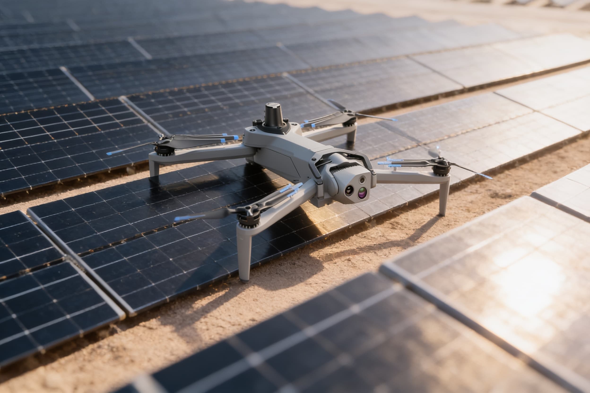 Drone over rows of solar panels
