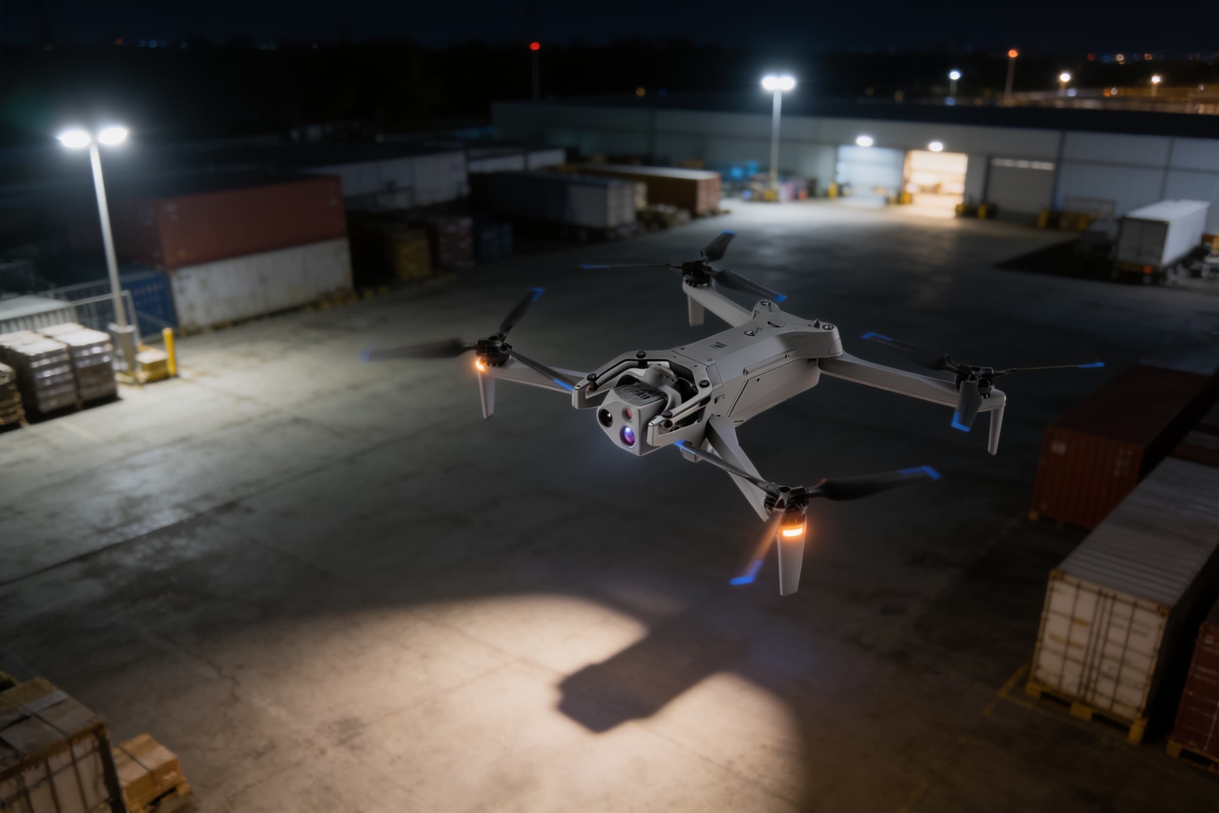 A patrol drone holding a mapped route over the site at night