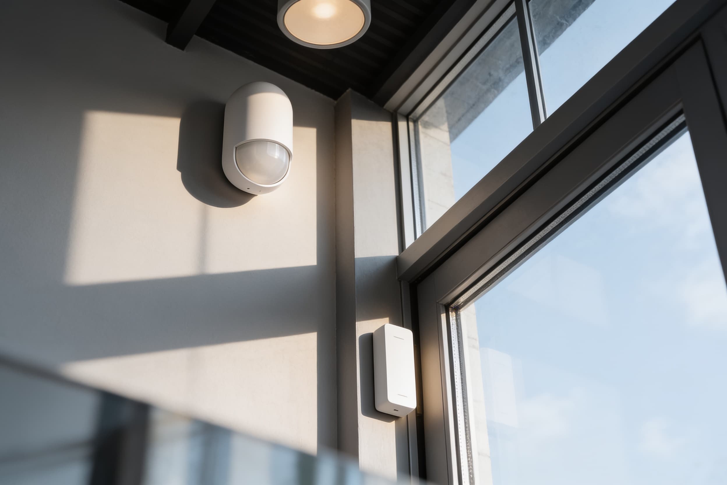 A wall-mounted security sensor installed around the window and door corner — motion sensor high on the wall