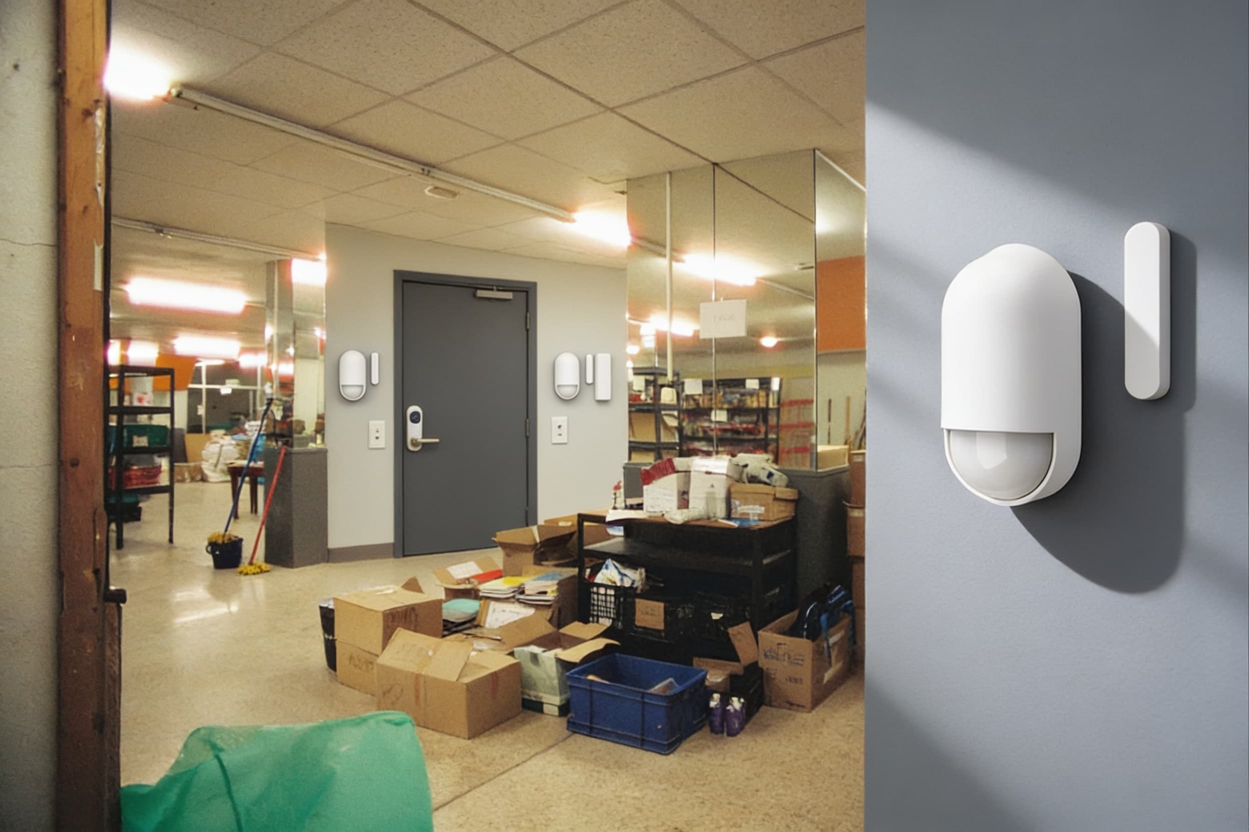 Intrusion sensors on a stockroom door