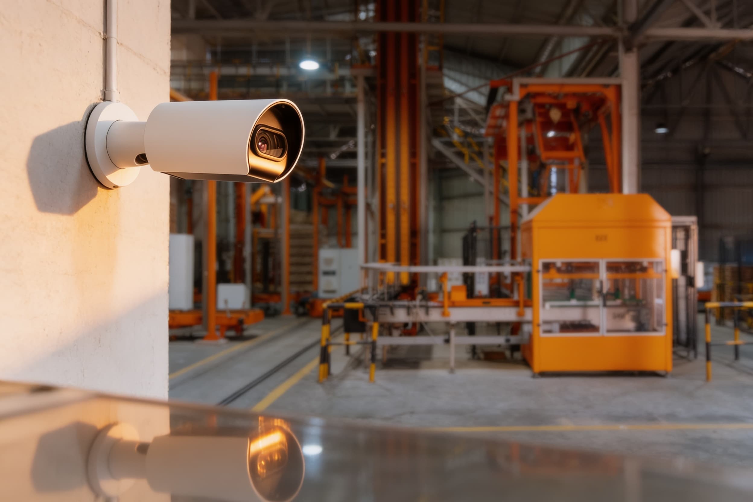 A security camera wall-mounted high overlooking the production floor