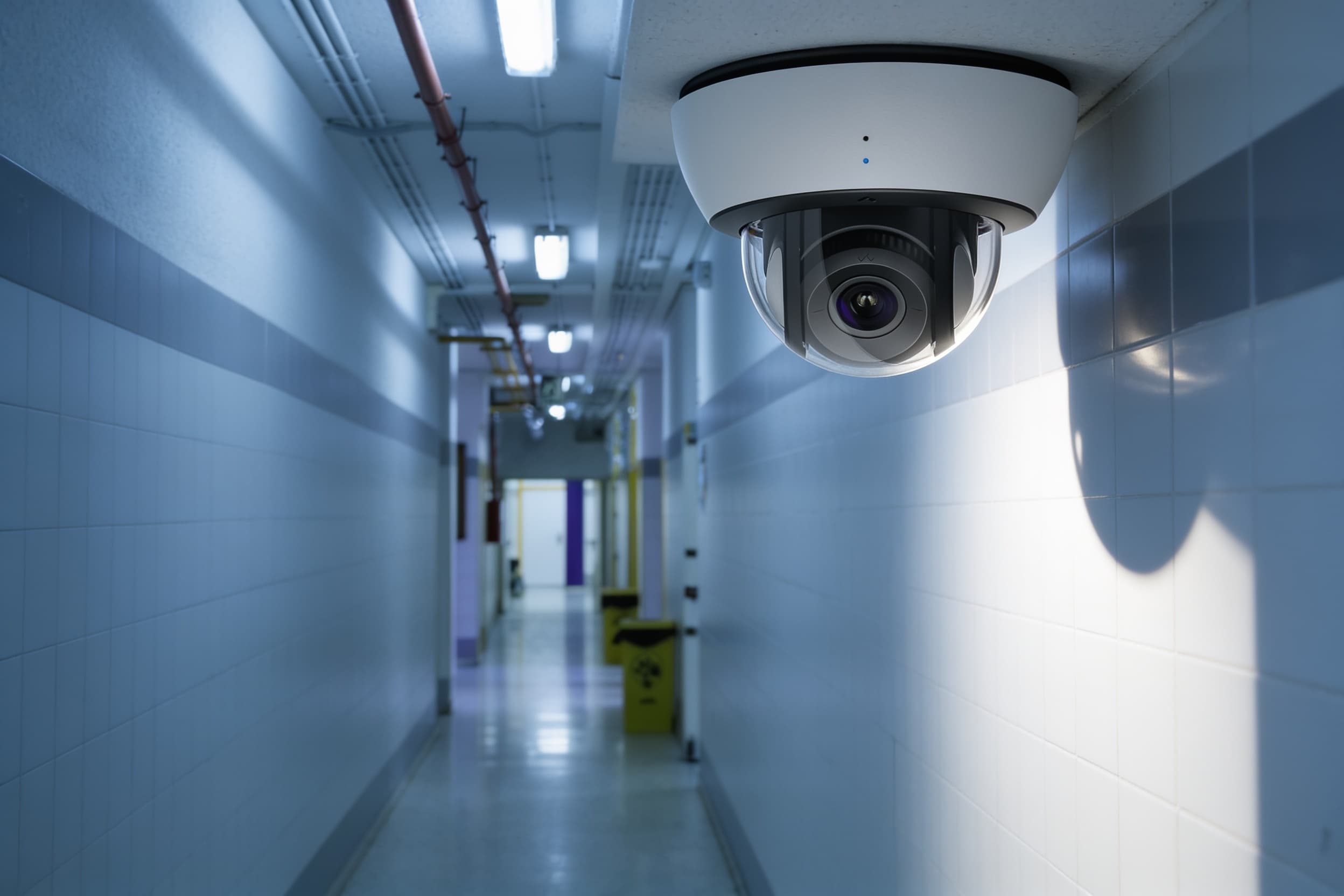 Ceiling-mounted security camera in a hospital corridor