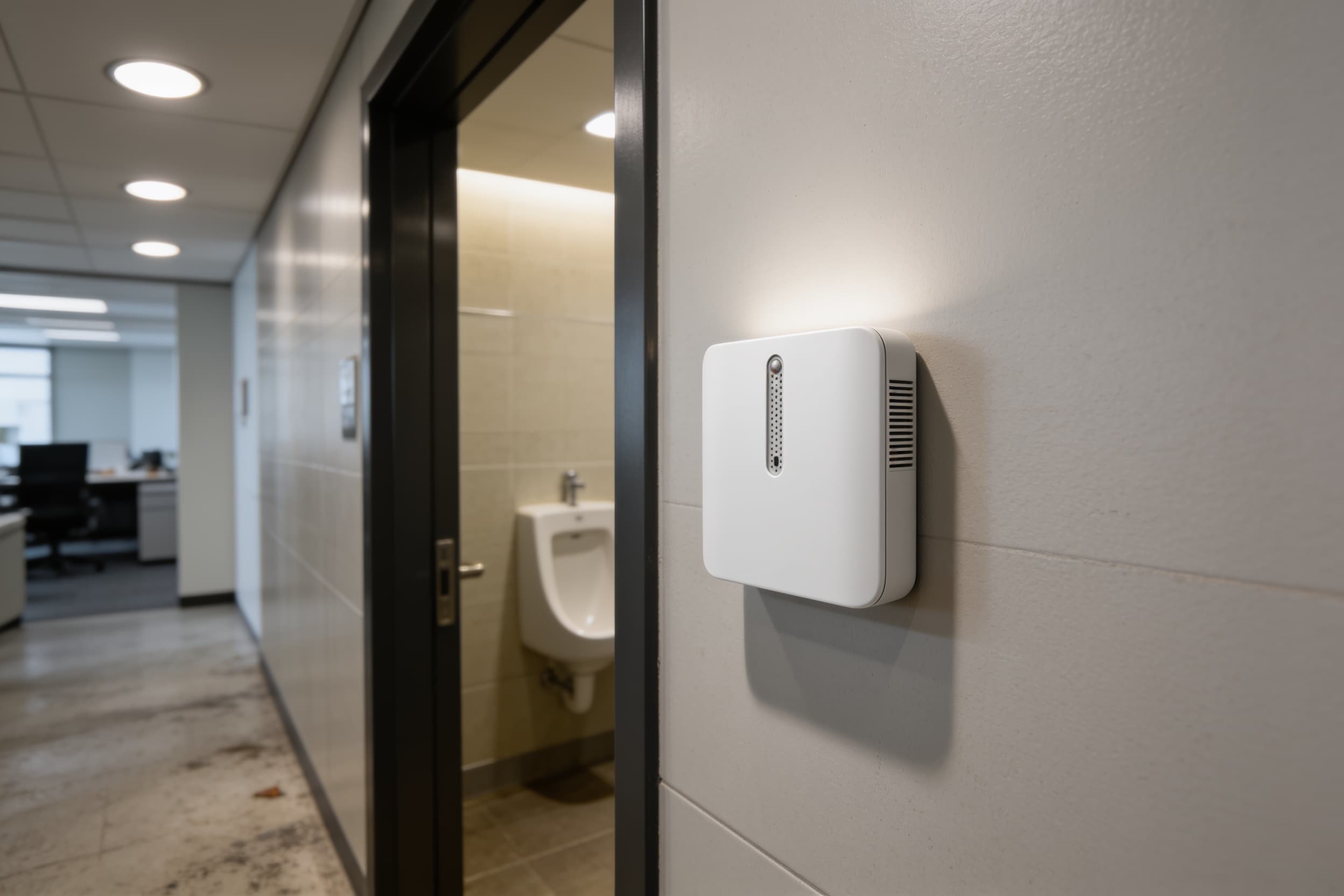 Environmental sensor on an office wall beside a restroom entrance