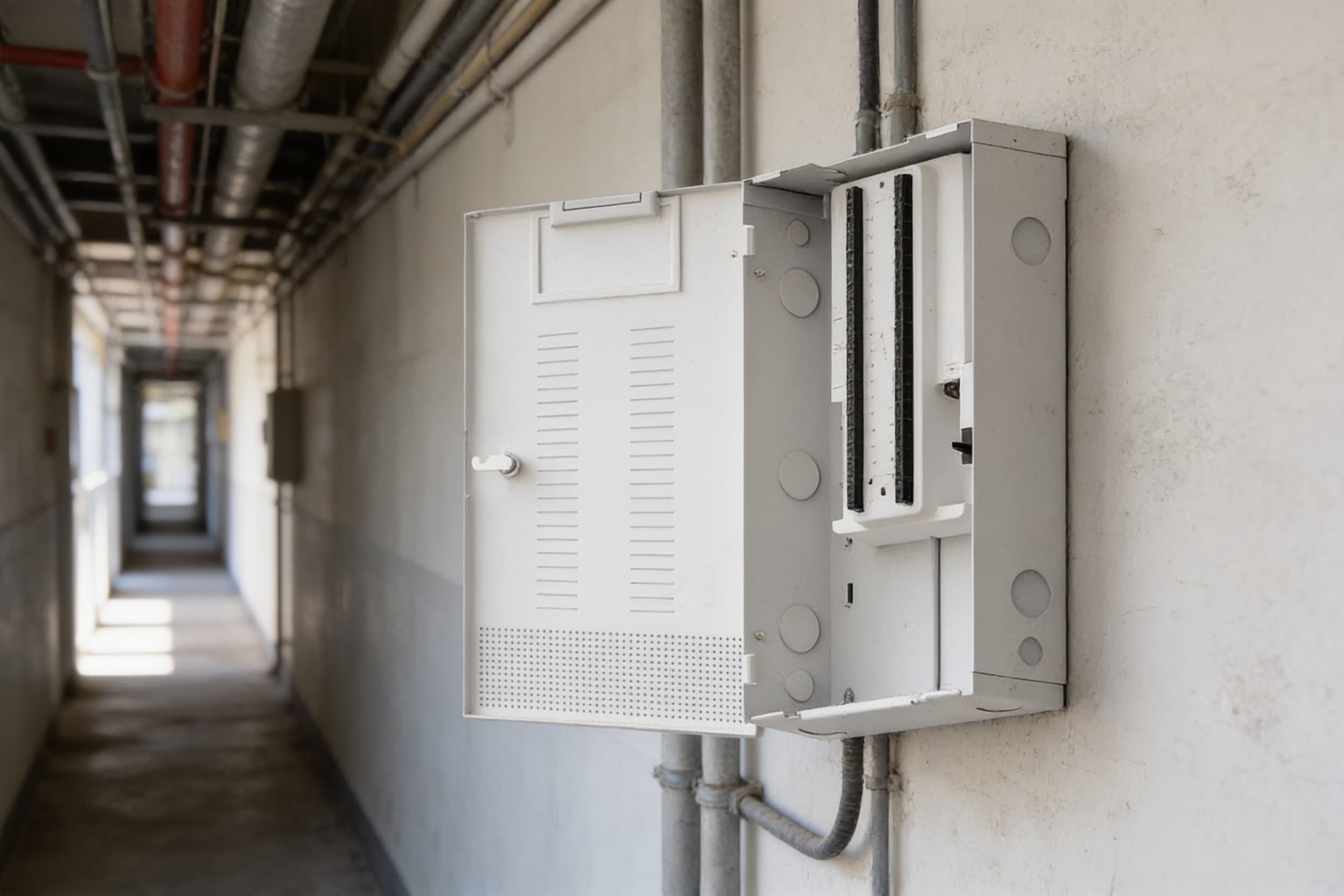 A wired alarm-panel enclosure in a maintenance corridor