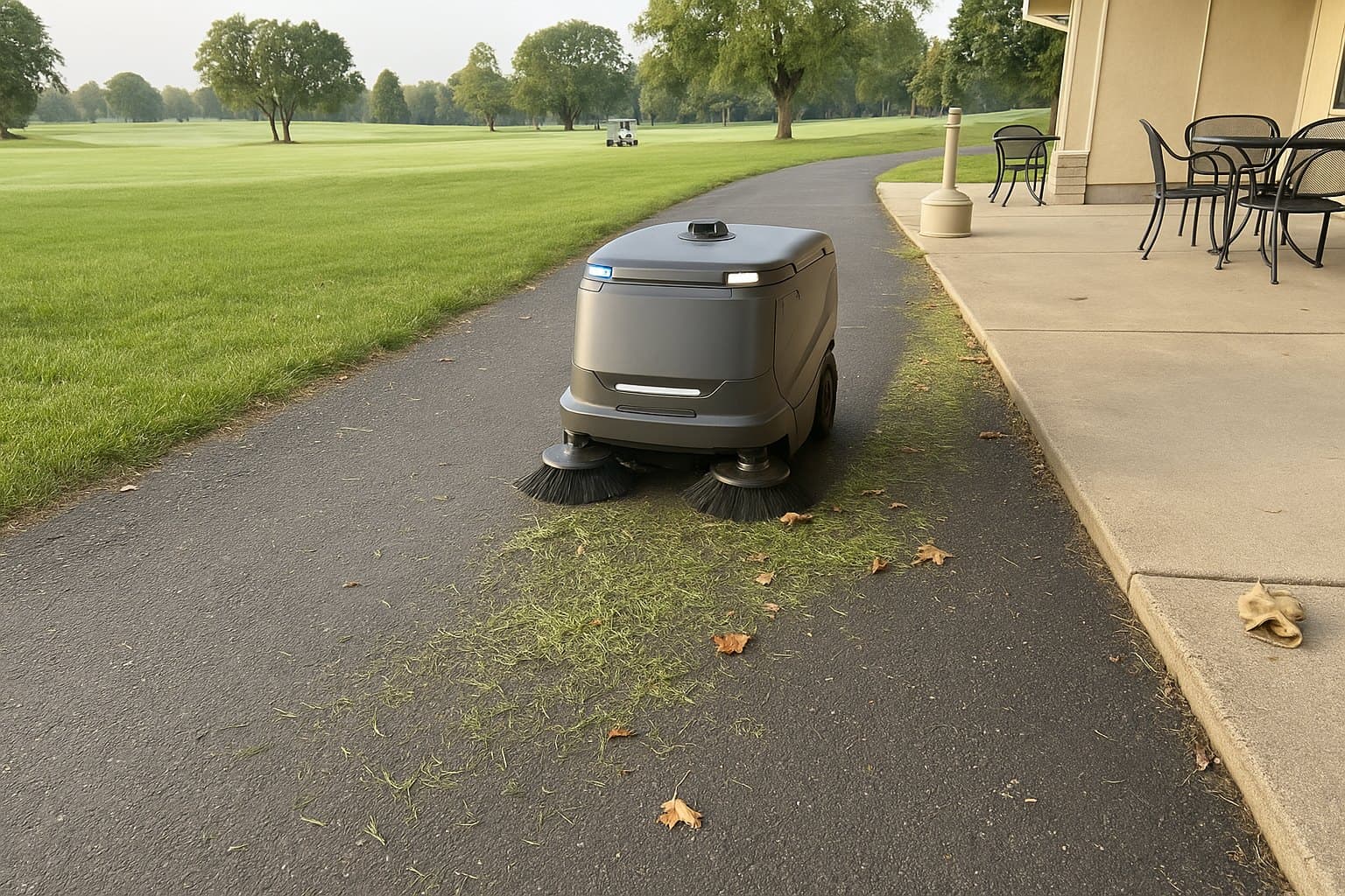 A sweeping robot clearing grass clippings from a golf cart path