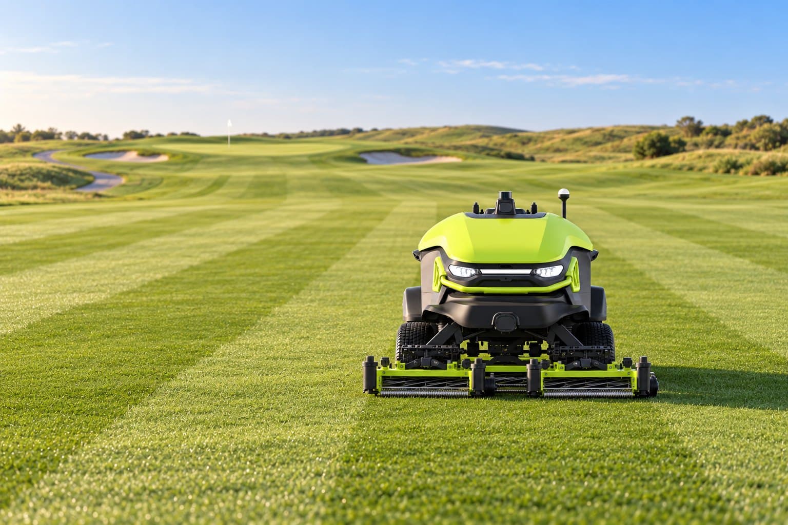 An autonomous fairway mower facing the camera on a striped fairway