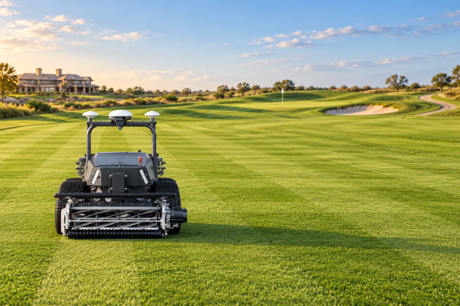 An autonomous reel mower seen from the front on a fairway